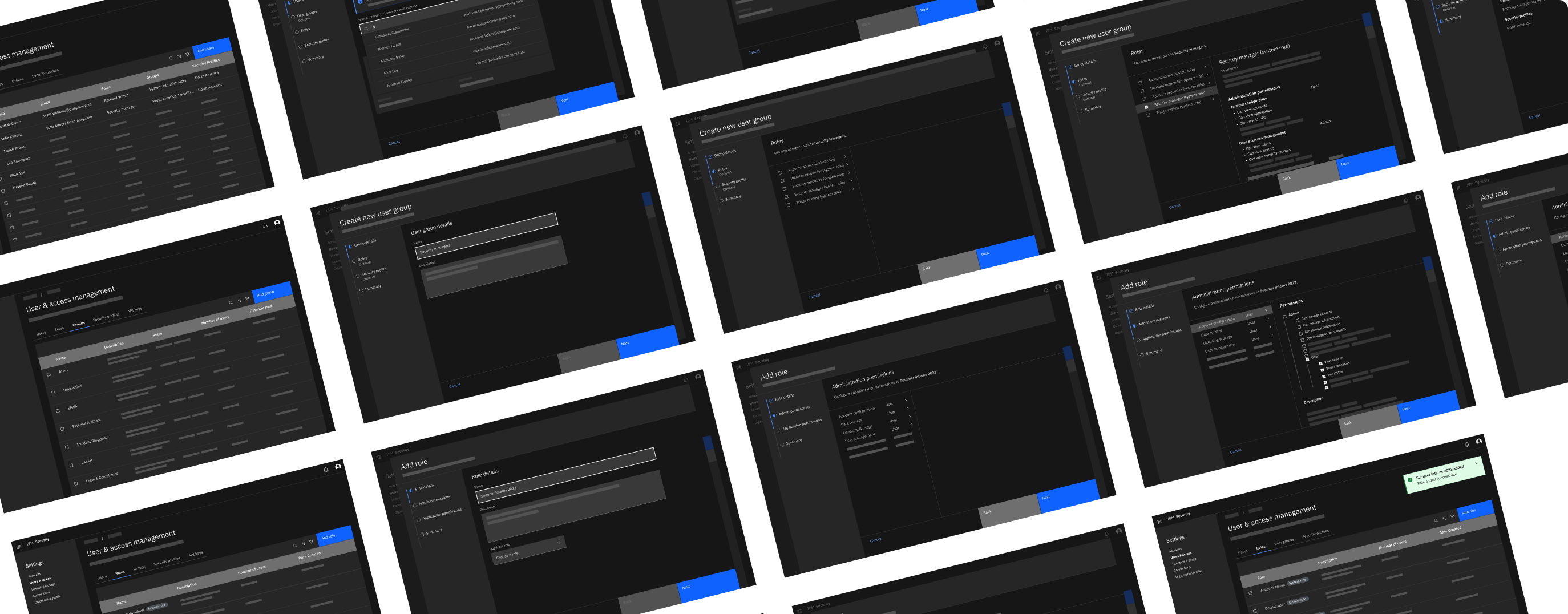 A grid of the new RBAC UI screens