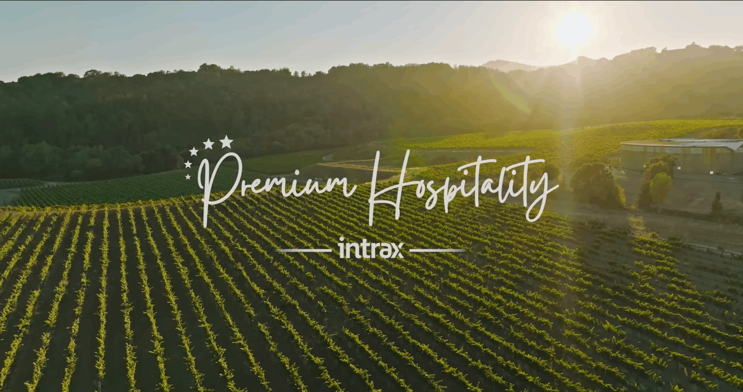 Sunlit vineyard rows with forested hills in the background and text reading Premium Hospitality Intrax.