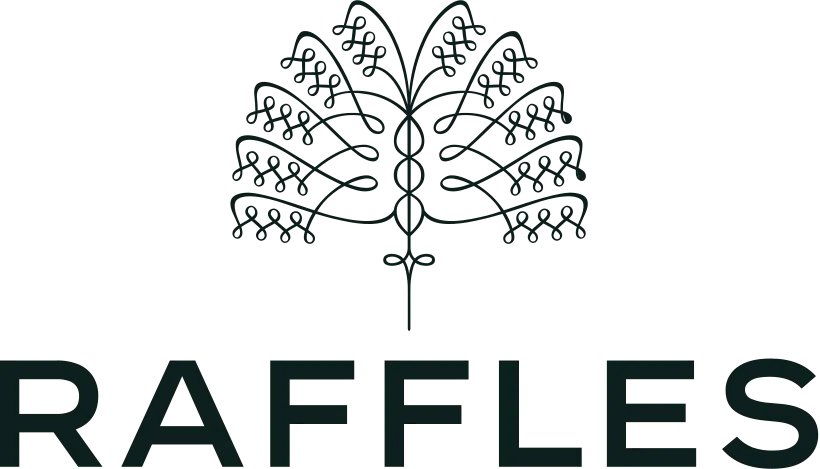 Raffles Hotels logo with stylized symmetrical palm tree design above the word RAFLES.