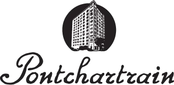 Pontchartrain Hotel logo with stylized building illustration and script text.