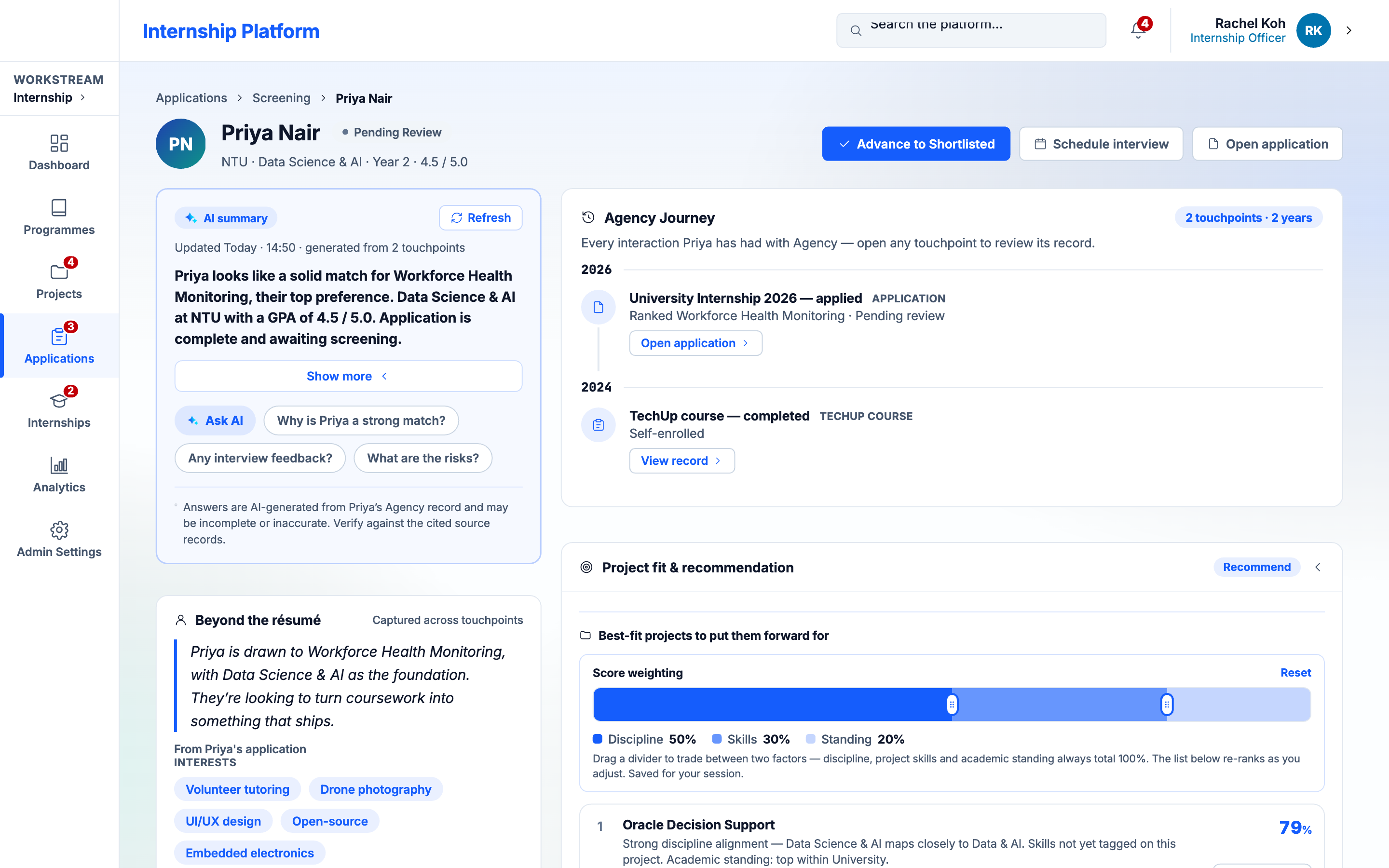 Candidate 360 screen with an AI summary, the applicant’s history with the agency and project fit scores