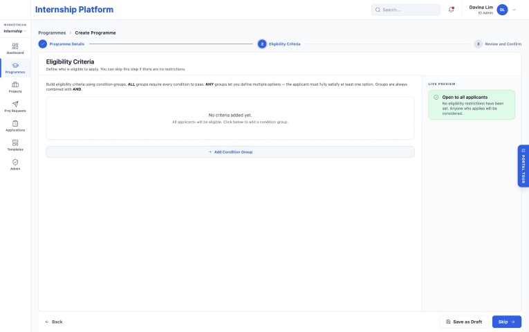 Earlier eligibility step built on condition groups, with ALL and ANY logic explained above an empty builder