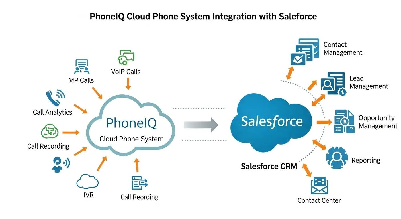 Diagram showing PhoneIQ cloud phone system integrated with Salesforce