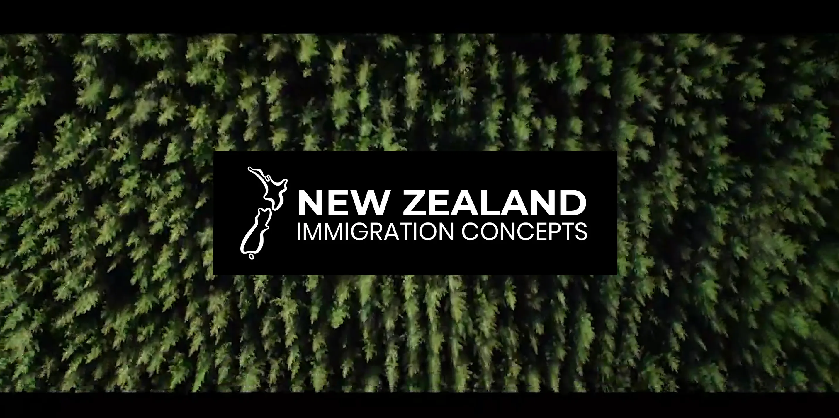 Aerial view of dense green pine forest with a black rectangular overlay showing a white outline map of New Zealand and the text 'NEW ZEALAND IMMIGRATION CONCEPTS'.