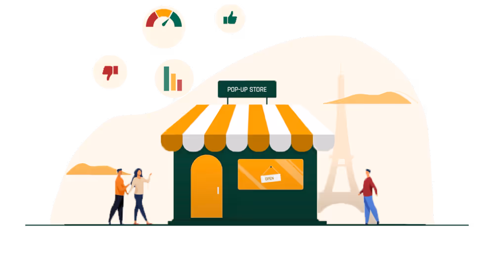 Illustration pop-up store à Paris avec des passants et des icônes d'analyse de données
