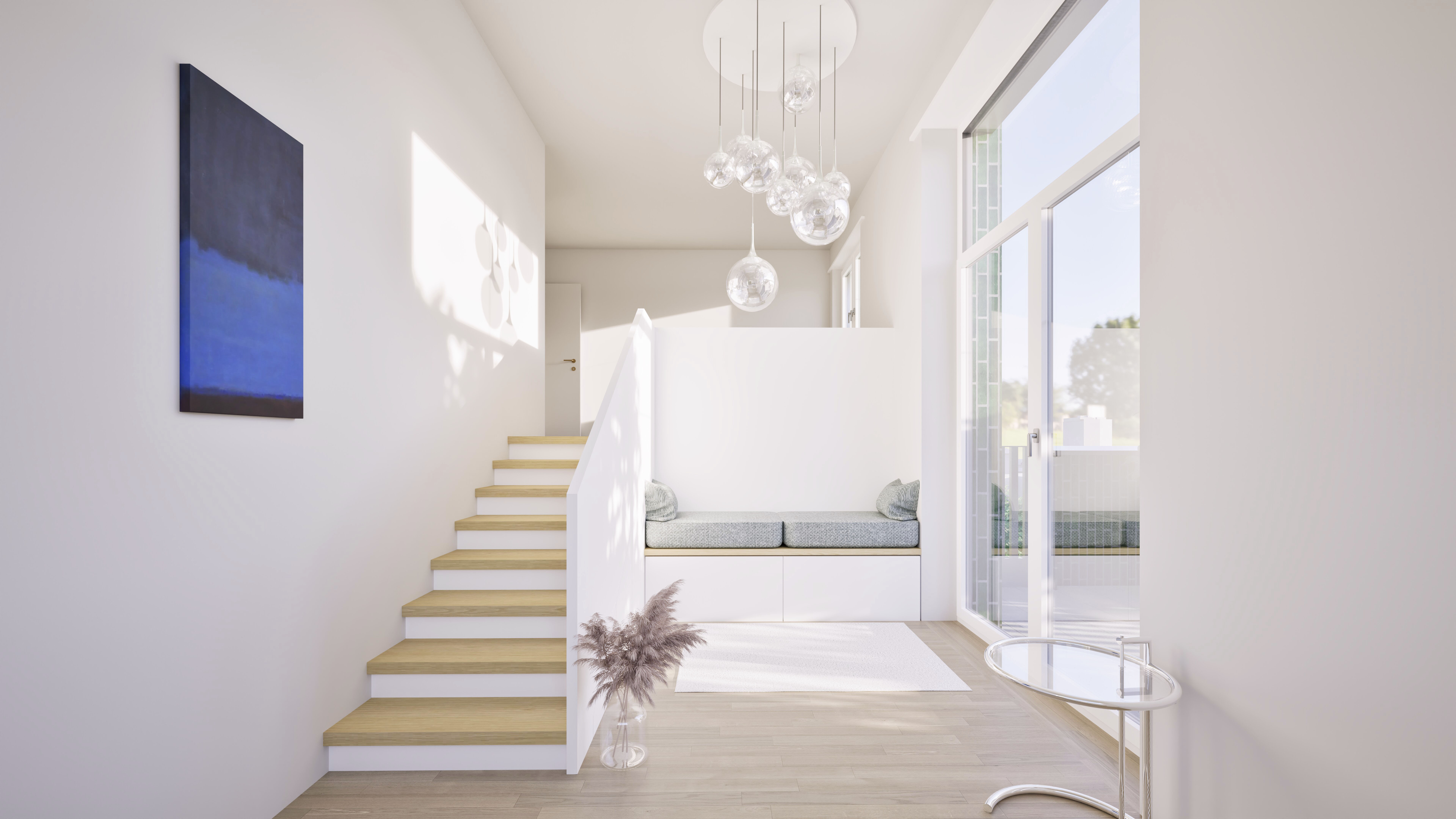 Visualisierung eines Vorraums mit Treppe, Sitznische und bodentiefen Fenstern zur Terrasse.