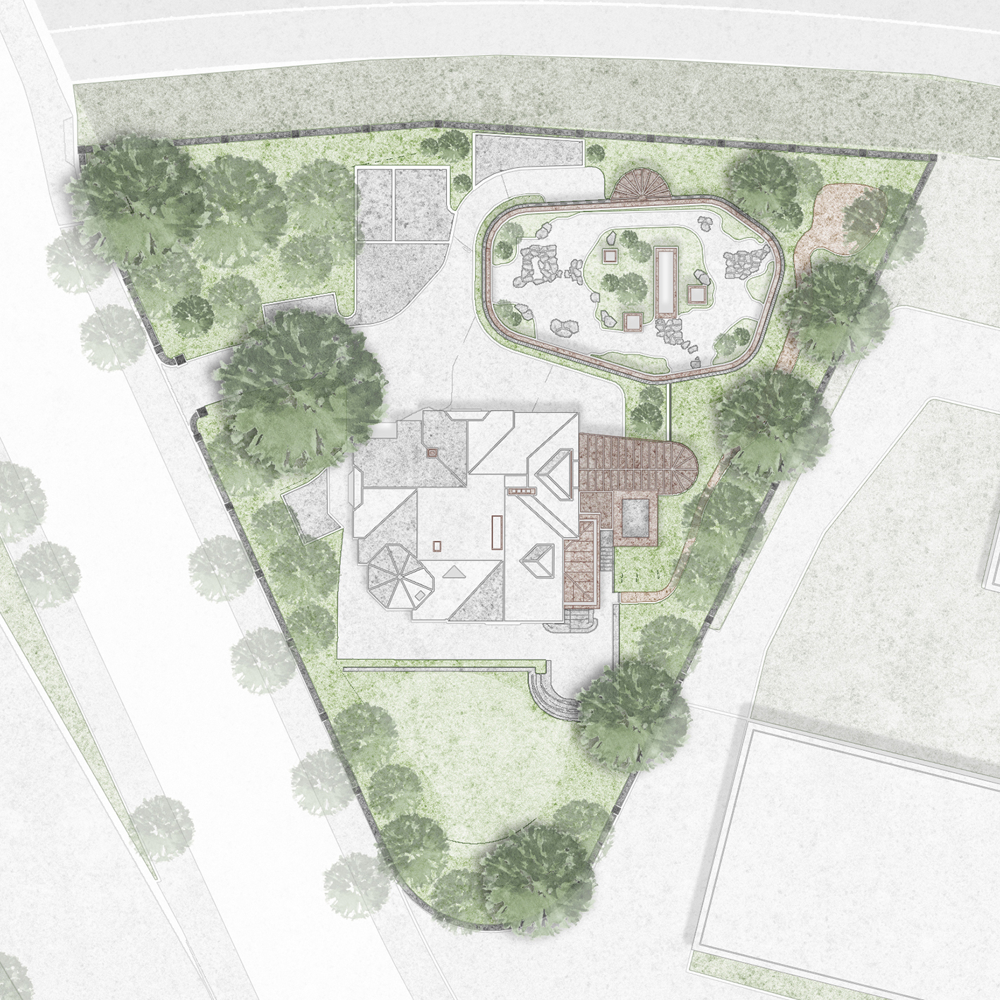 Gartenplan des Ensembles Lindeneck mit Villa, Ergänzungsbau und Baumbestand auf dem dreieckigen Grundstück.