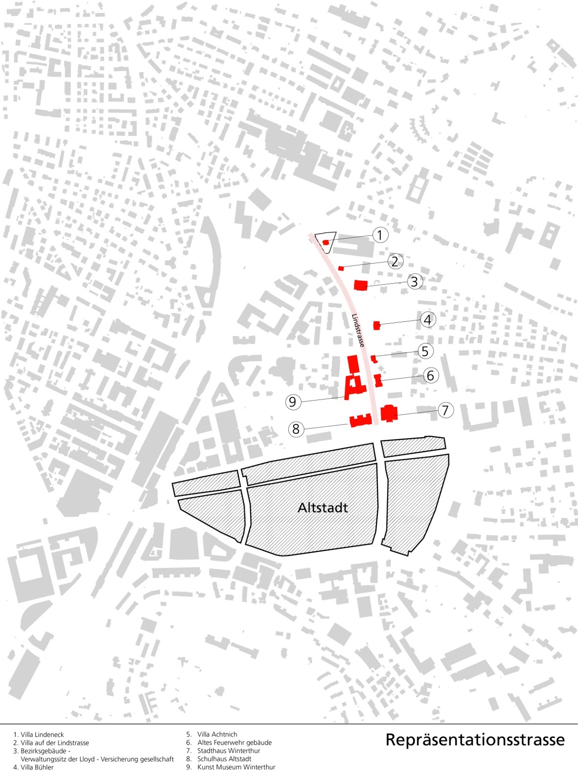 Städtebaulicher Plan der Winterthurer Lindstrasse mit markierten repräsentativen Bauten und dem Ensemble Lindeneck.