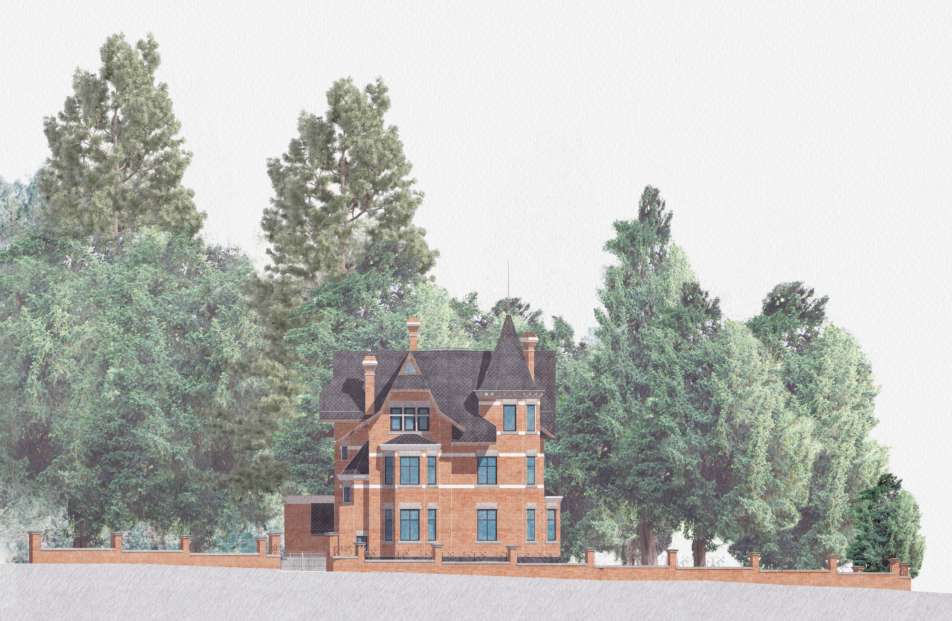 Gezeichnete Westansicht der Villa Lindeneck mit Gartenmauer und umgebenden Bäumen.
