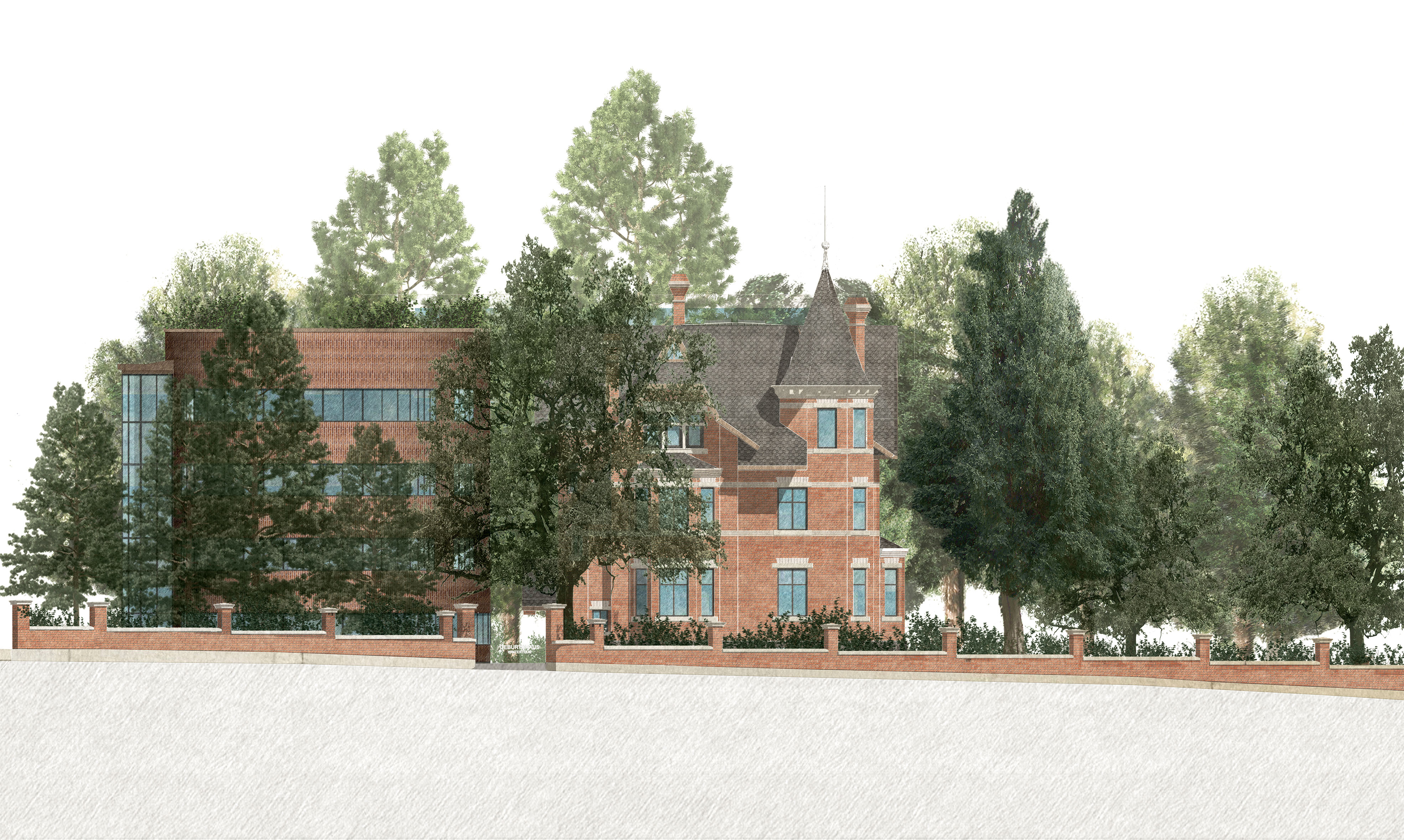 Gezeichnete Westansicht von Villa Lindeneck und Ergänzungsbau mit Gartenmauer und altem Baumbestand.