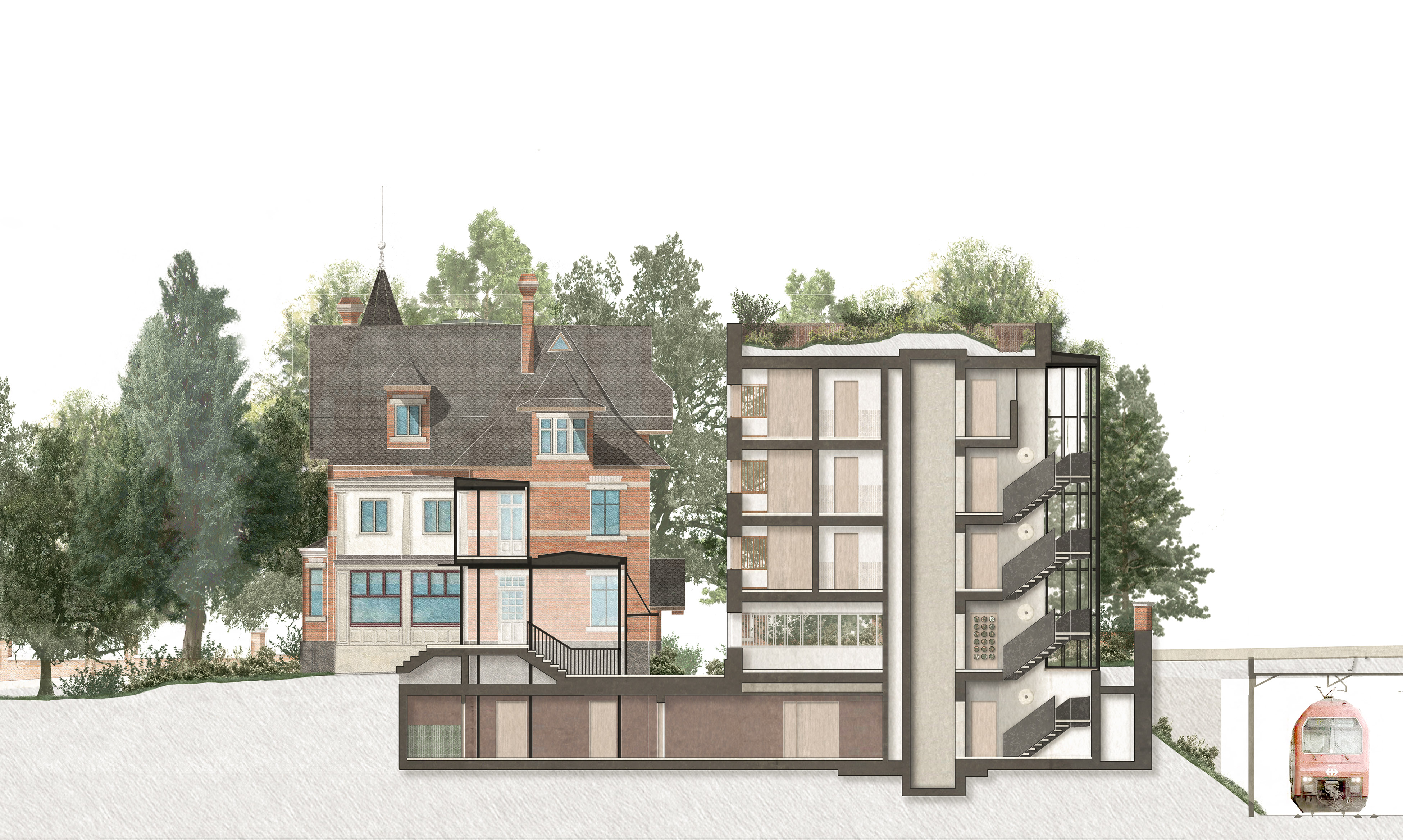 Architekturschnitt durch die Villa Lindeneck und den Ergänzungsbau mit Geschossen, Verbindung und benachbarter Bahnlinie.