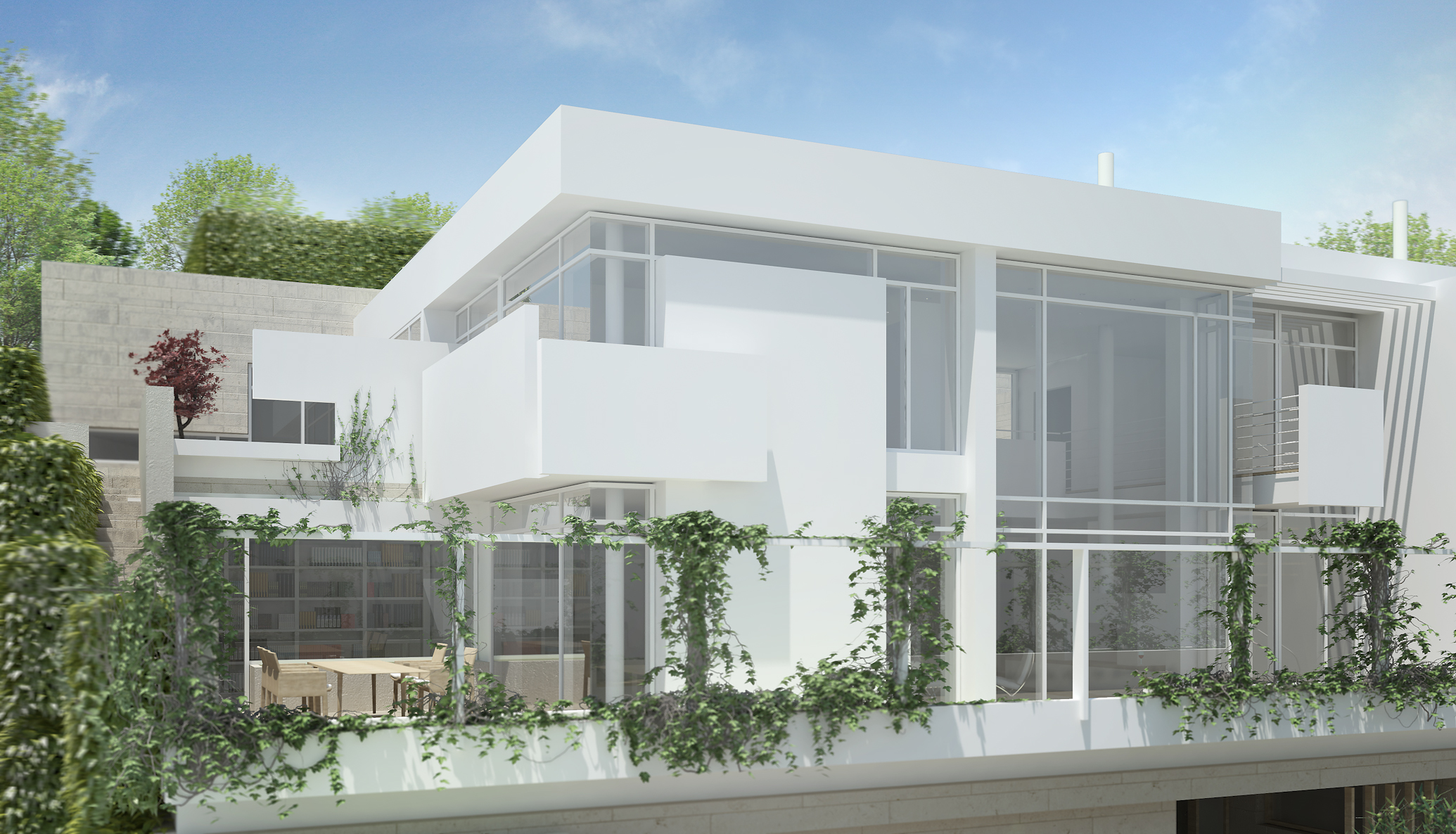 Visualisierung der Stadtvilla B mit zweigeschossiger Glasfront und vorgelagerter Terrasse.
