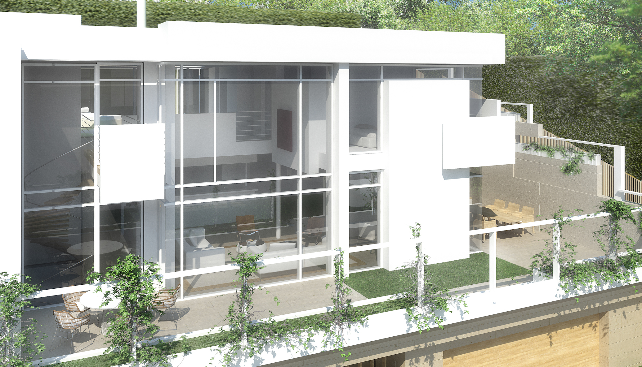 Visualisierung der Stadtvilla A mit hoher Glasfront, weissen Balkonen und begrünter Terrasse.