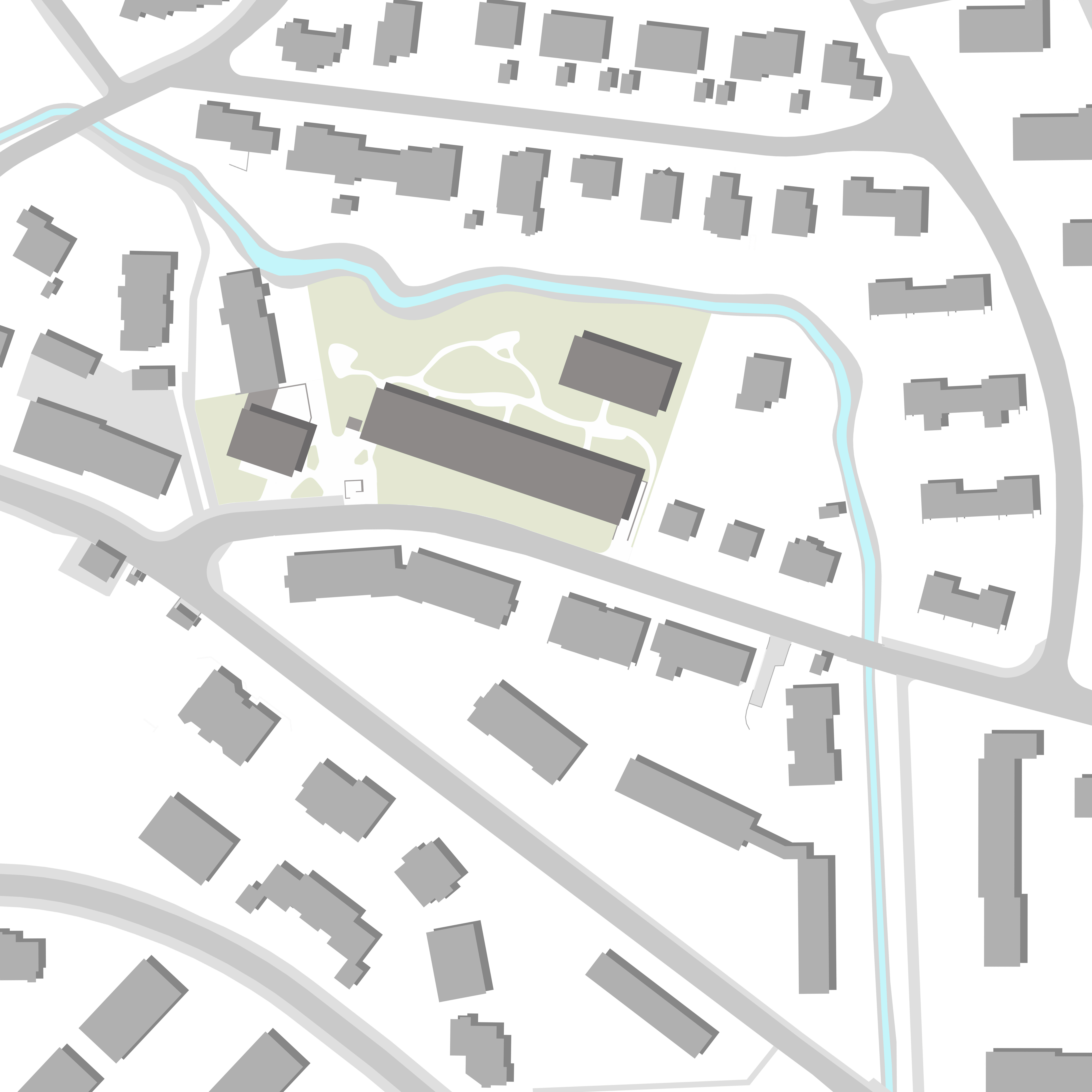 Lageplan der Wohnanlage Grünmatt mit Gebäuden, Park und dem angrenzenden Mattenbach.
