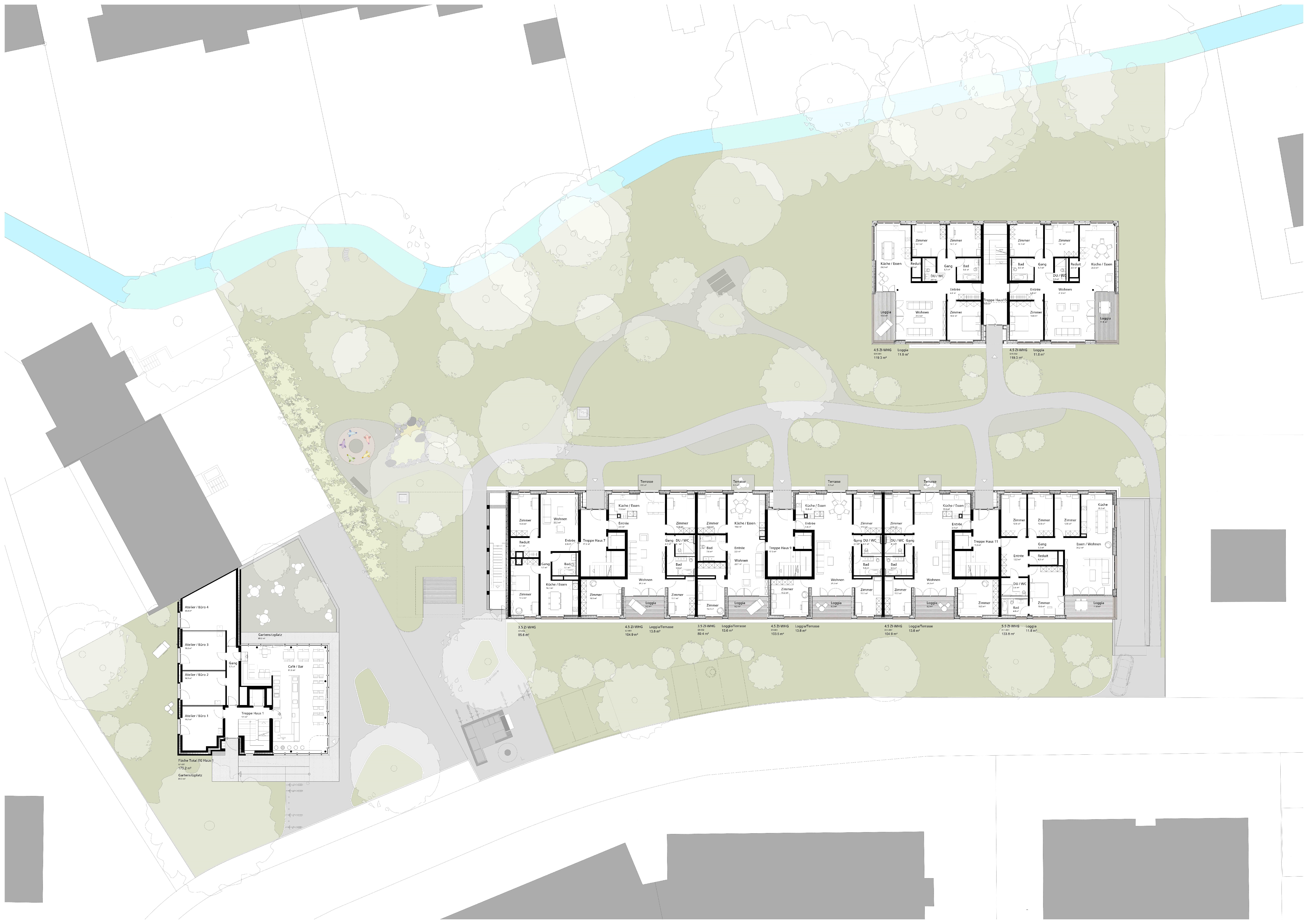 Situationsplan der Wohnanlage Grünmatt mit Erdgeschossgrundrissen, Parkwegen und Mattenbach.