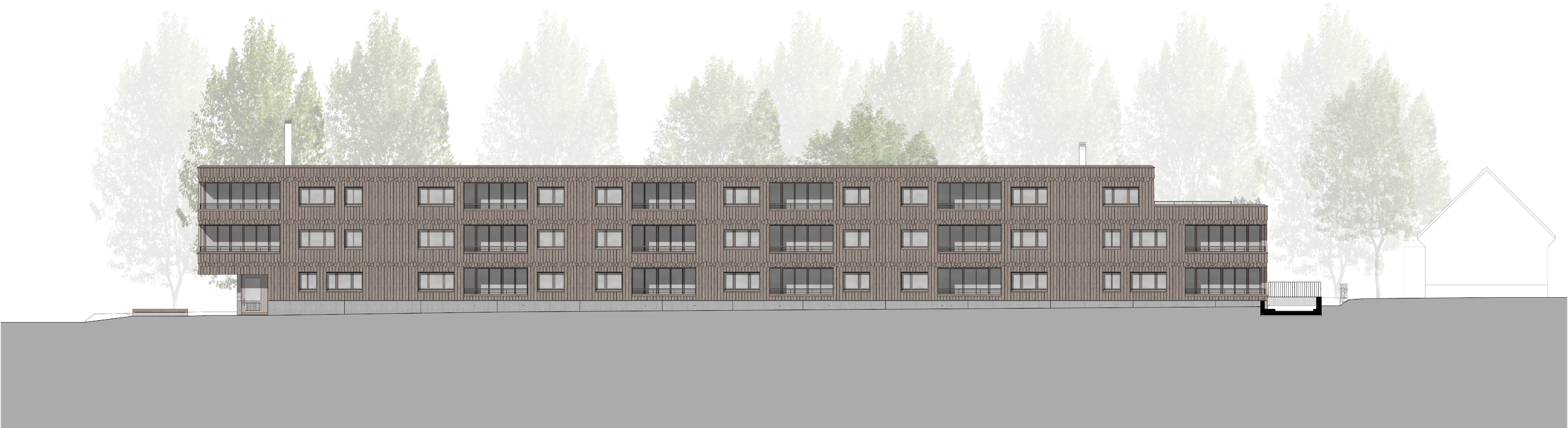Architekturzeichnung der Südfassade von Haus A der Wohnanlage Grünmatt.