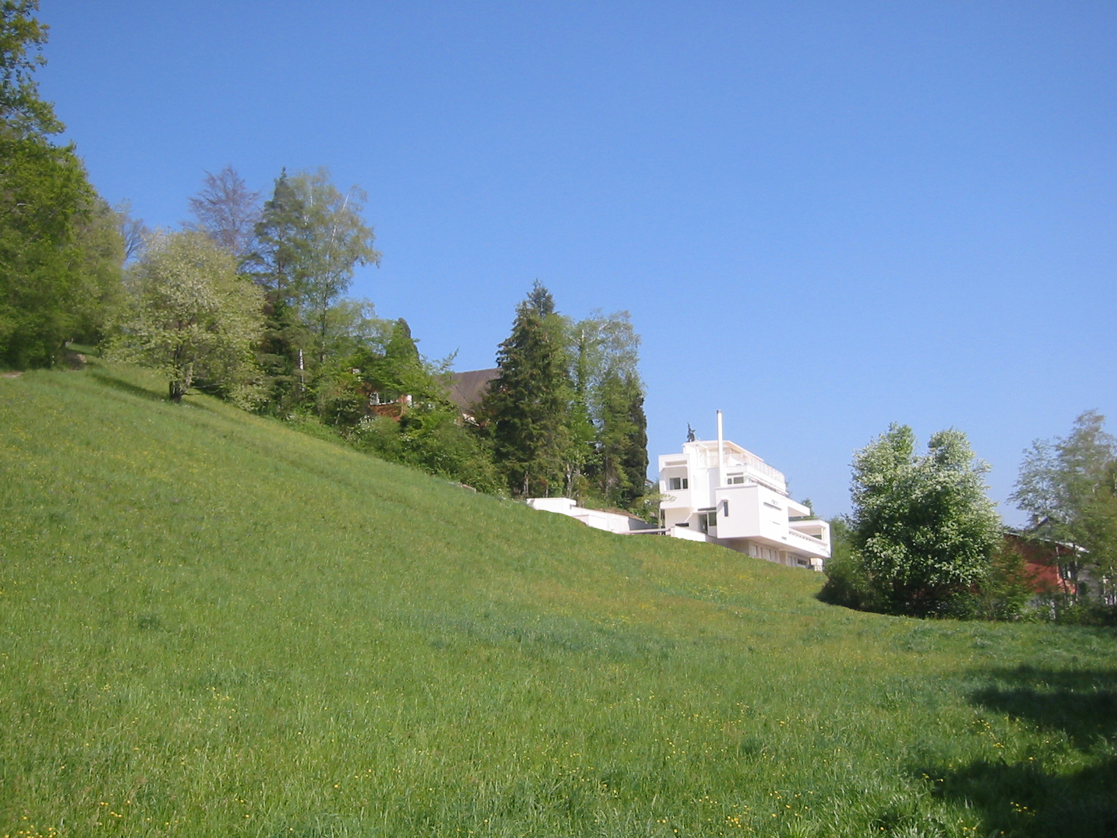 Westansicht von Haus Trottenweg oberhalb einer weitläufigen Wiese am Hang.