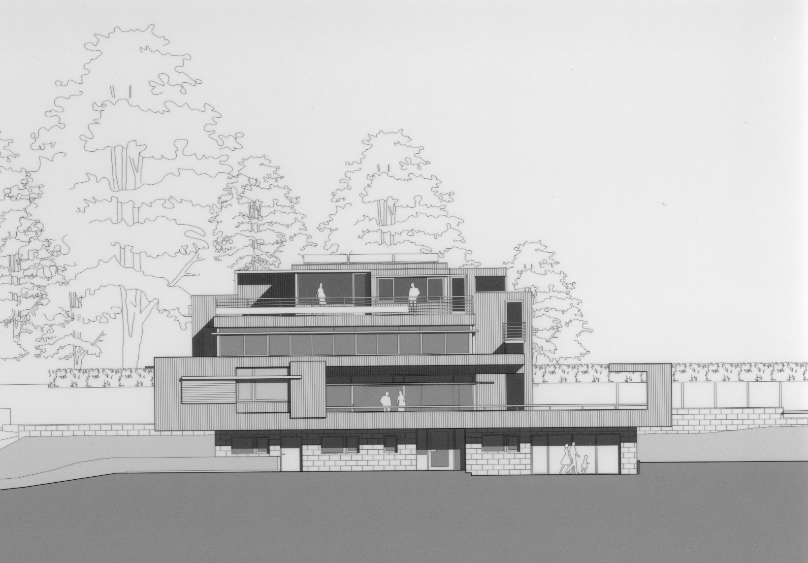 Architekturzeichnung der Südfassade von Haus Trottenweg mit Balkonen und Dachterrasse.