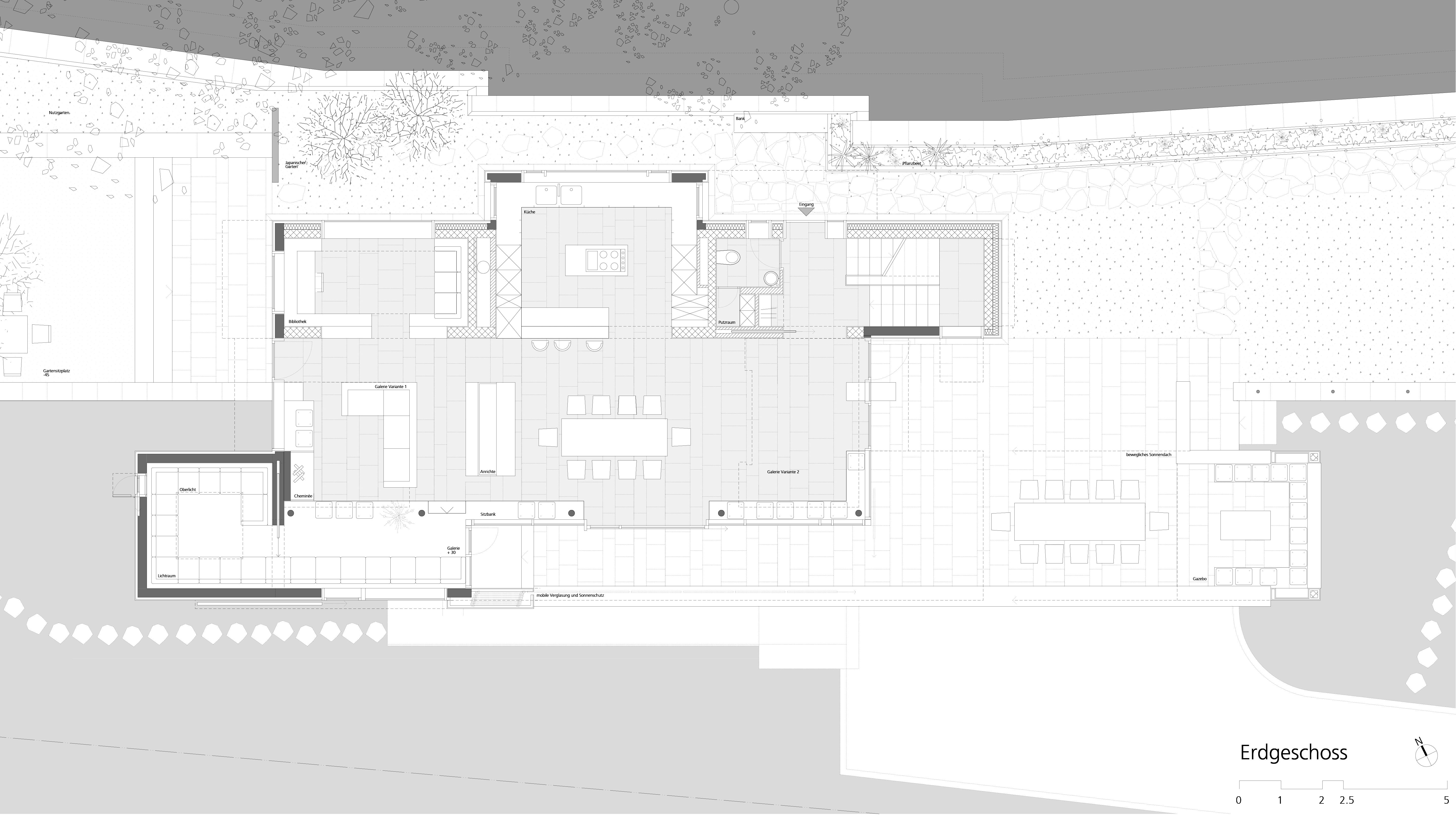 Grundriss des Erdgeschosses von Haus Trottenweg mit Wohnräumen, Garten und Terrasse.