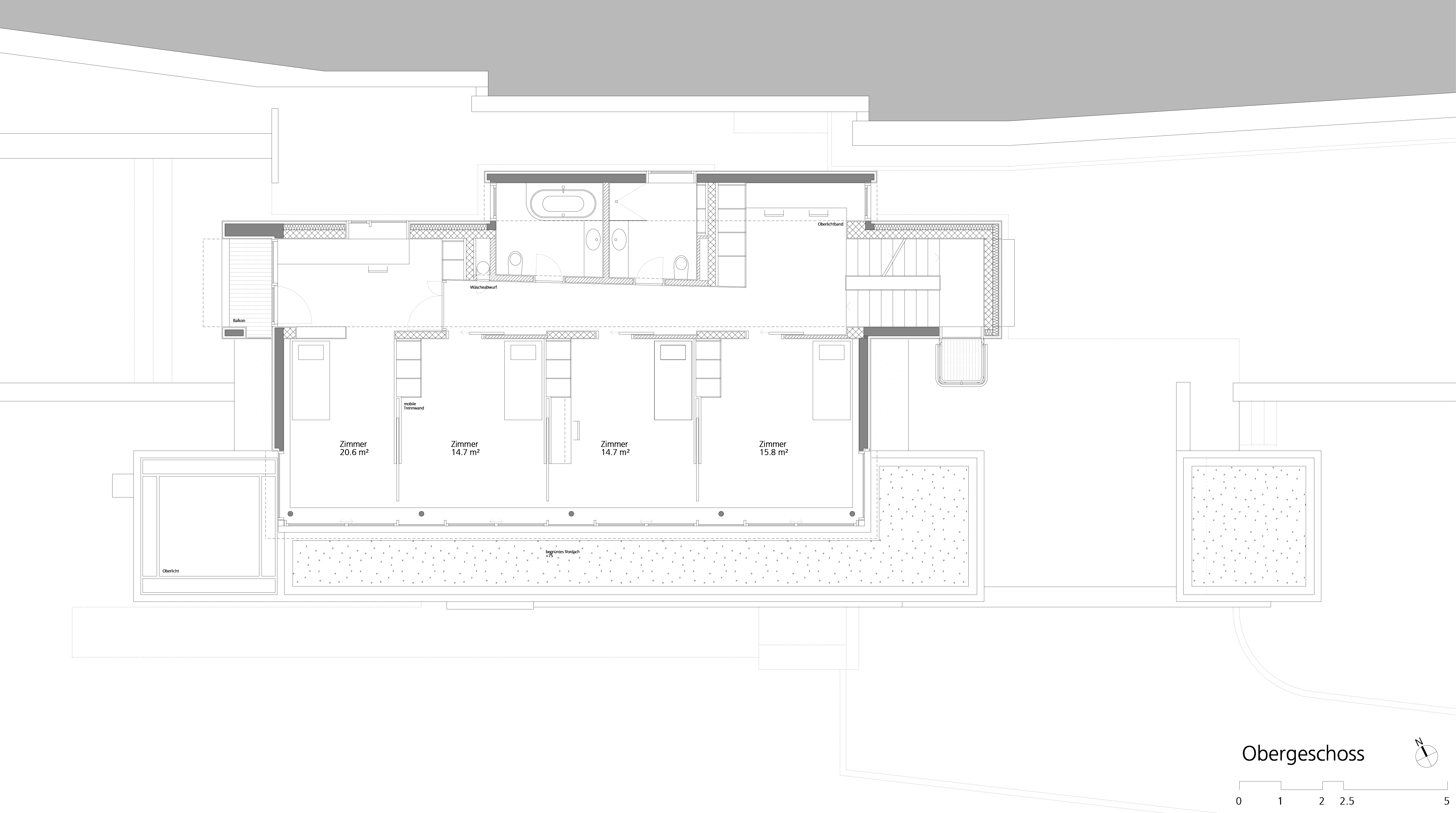 Grundriss des ersten Obergeschosses von Haus Trottenweg mit Zimmern, Bädern und Balkon.