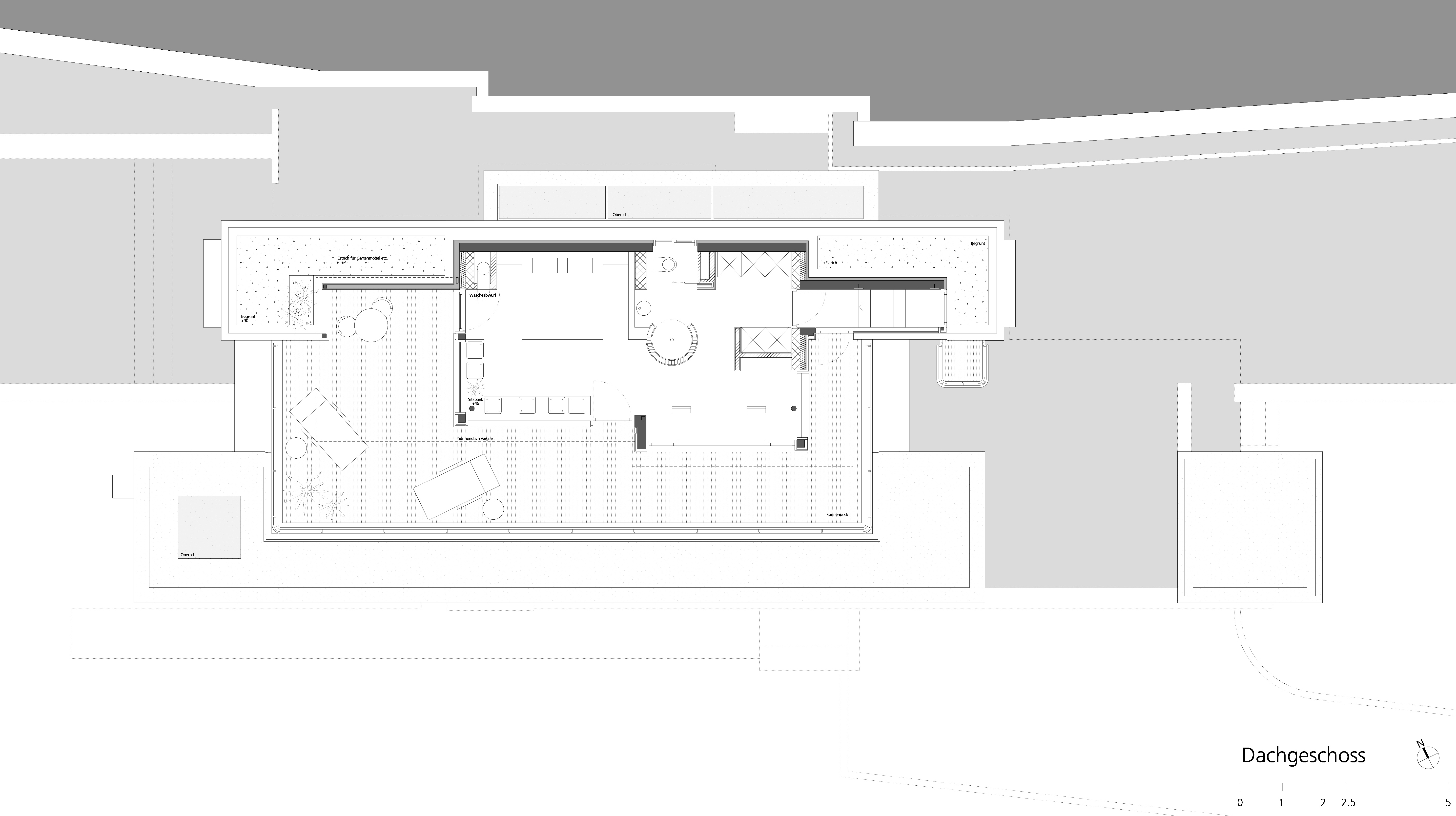 Grundriss des Dachgeschosses von Haus Trottenweg mit Penthouse und umlaufender Dachterrasse.