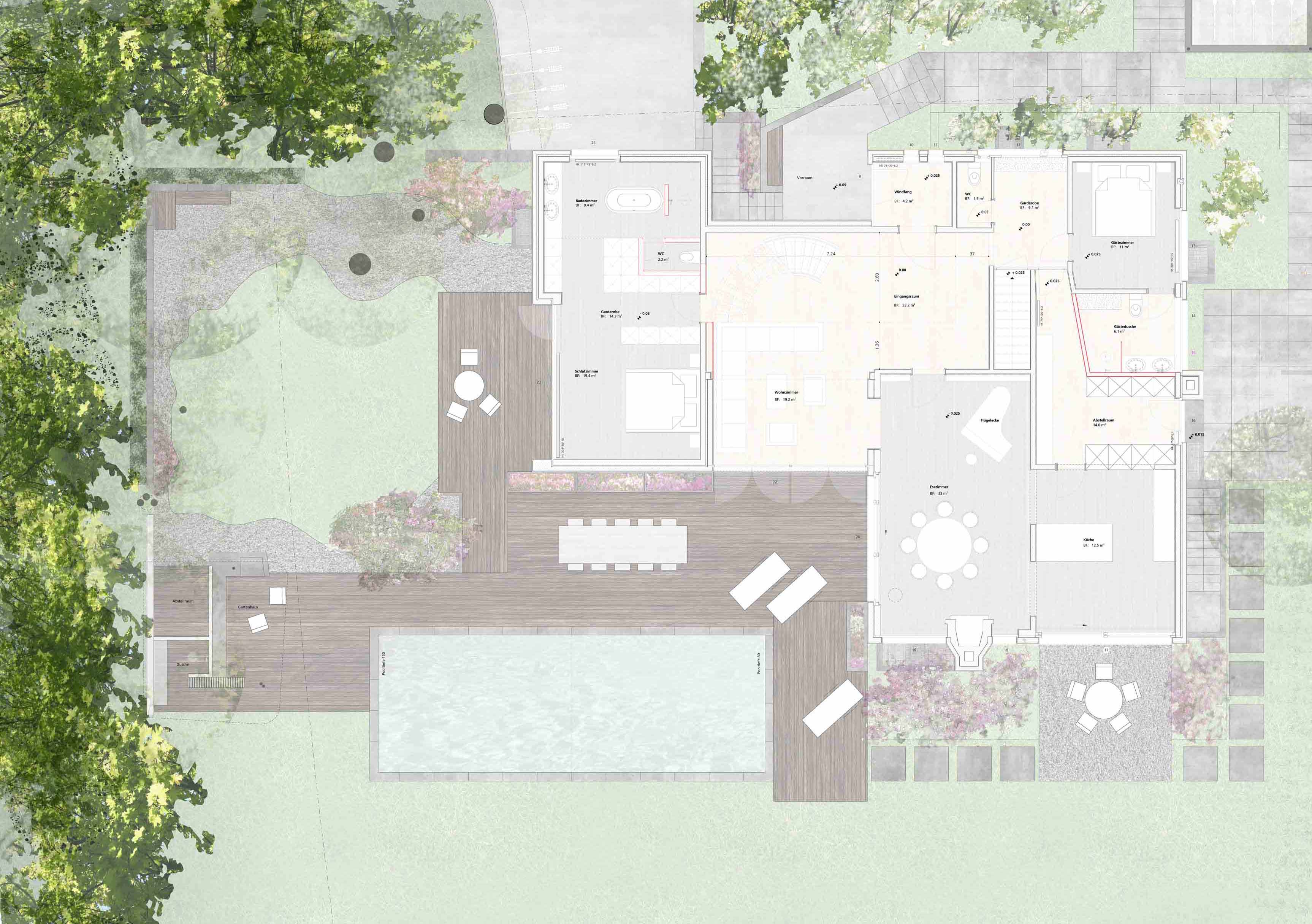 Grundriss der Villa S mit Gartengestaltung, Terrasse und Pool.