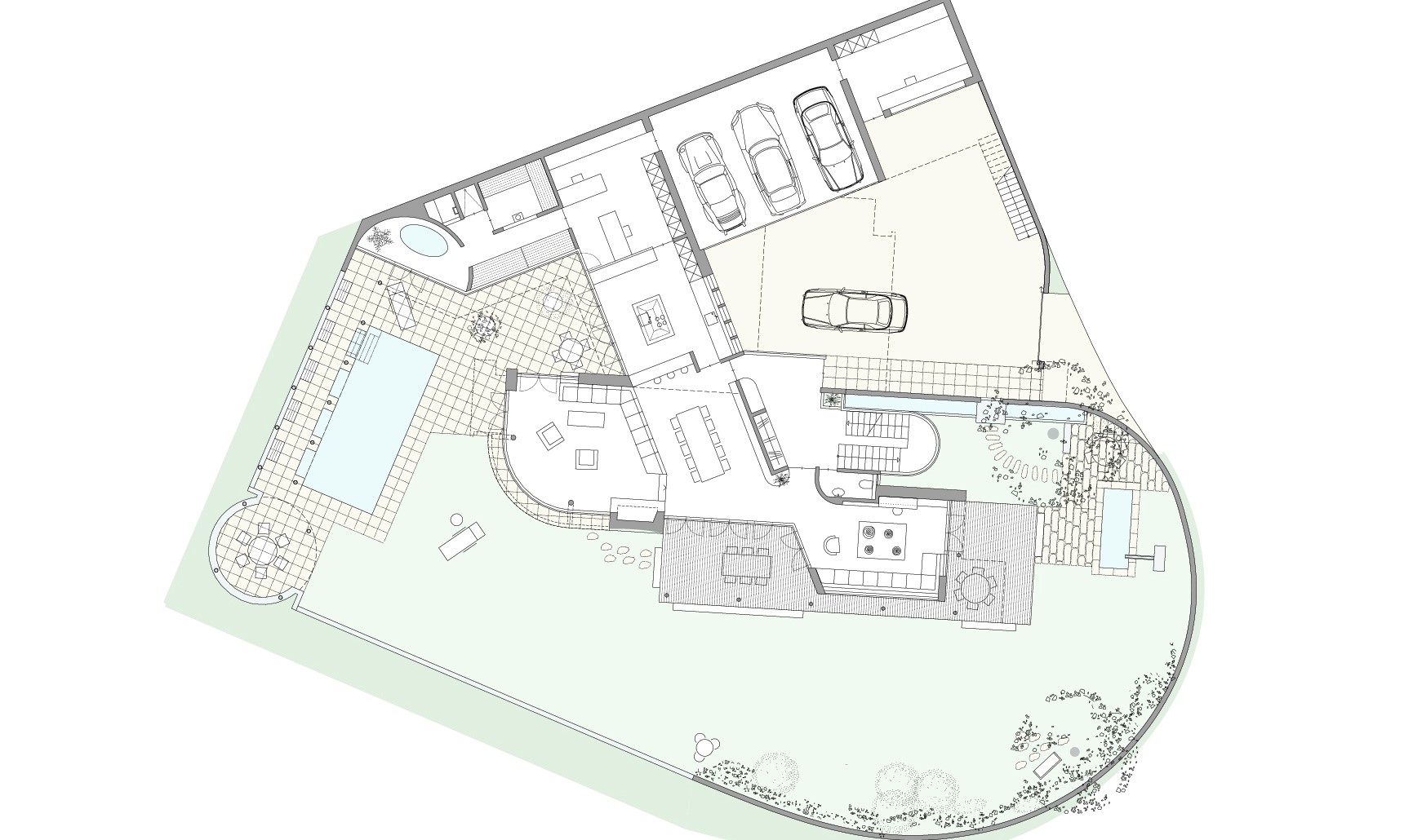 Erdgeschossgrundriss für Haus Müller mit Wohnbereichen, Garage, Terrasse und Pool.