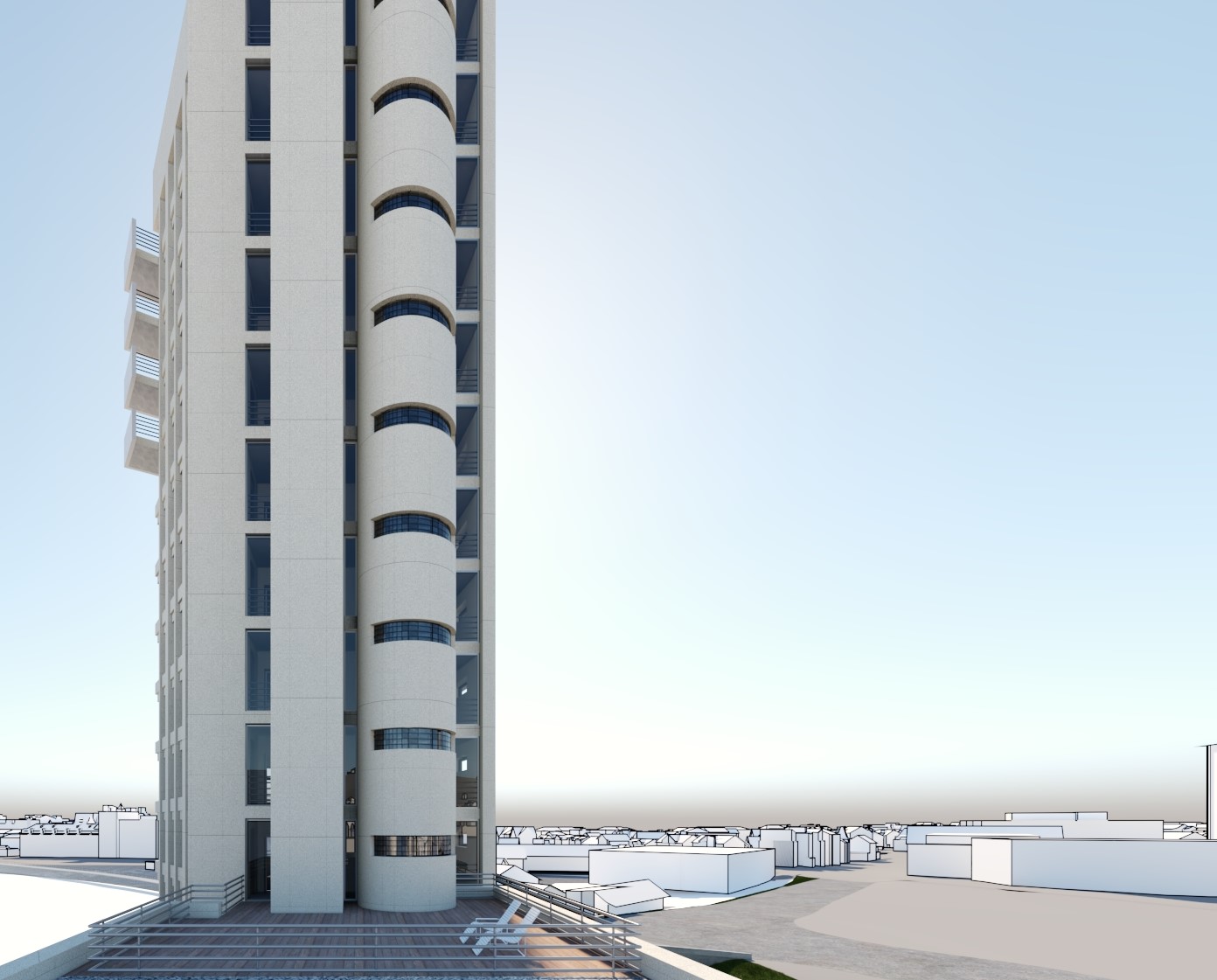 Visualisierung einer Turmstudie mit schlanken Pfeilern und vertikalen Fensterbändern.