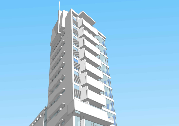 Visualisierung eines schlanken Hochhauses mit vorspringenden Geschossdecken und grossen Glasflächen.