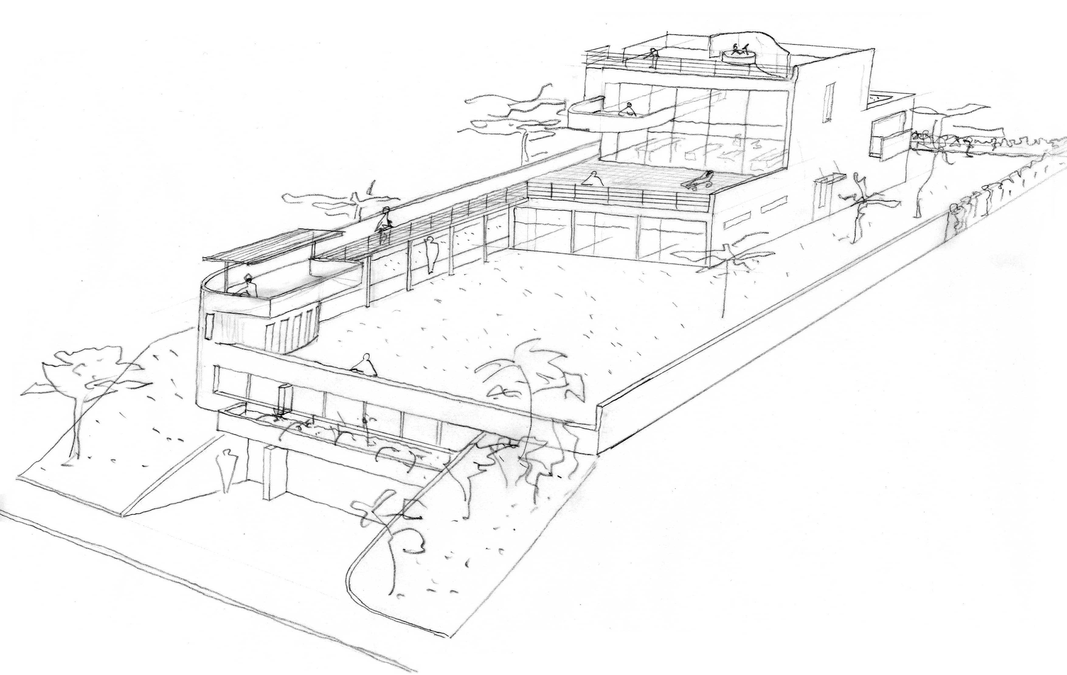 Entwurfsskizze von Haus Tschierpe mit langem Gebäudeflügel und zurückversetzten Obergeschossen.