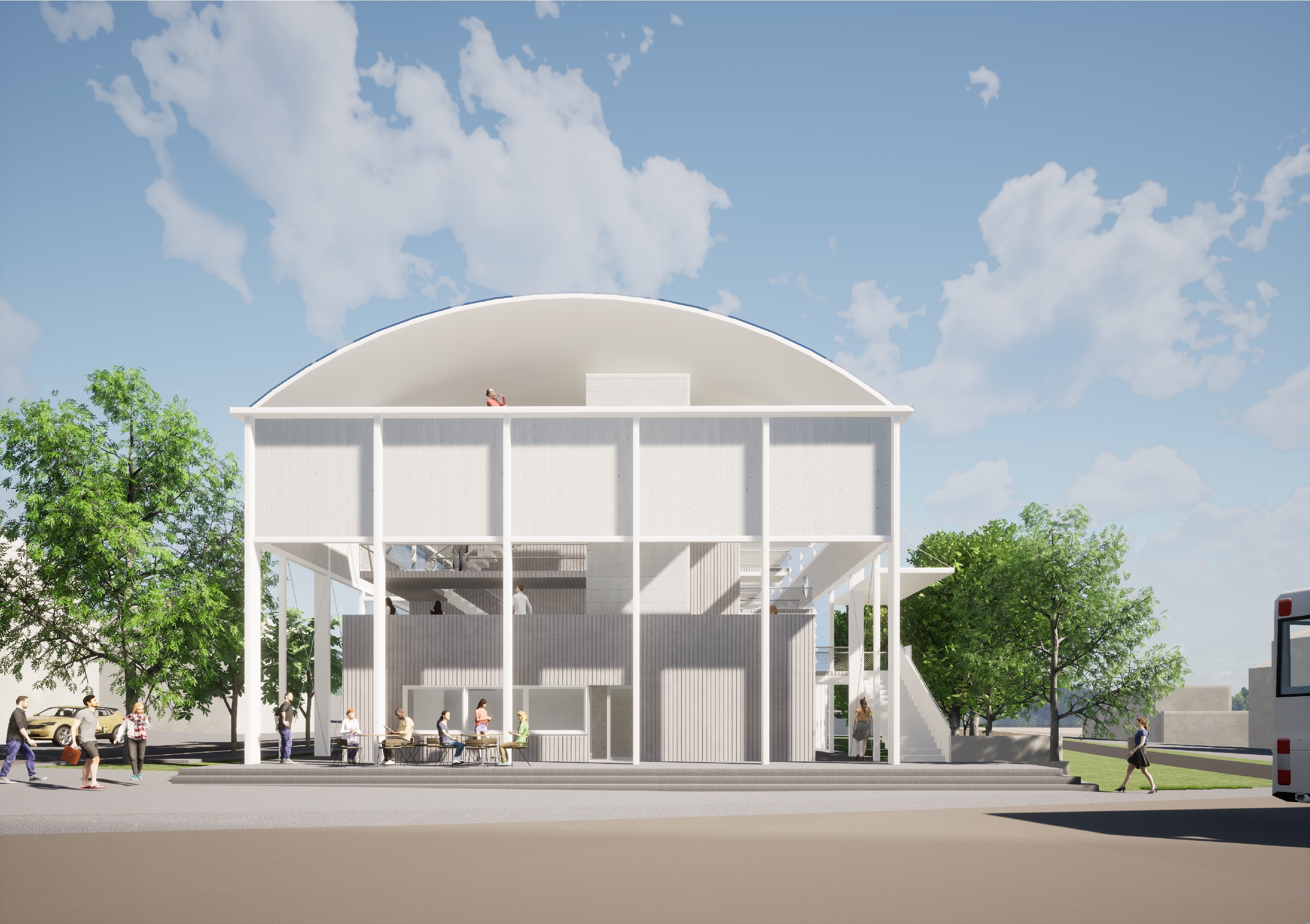 Visualisierung eines öffentlichen Gebäudes mit gläserner Fassade, schlanken Stützen und gewölbtem Dach.