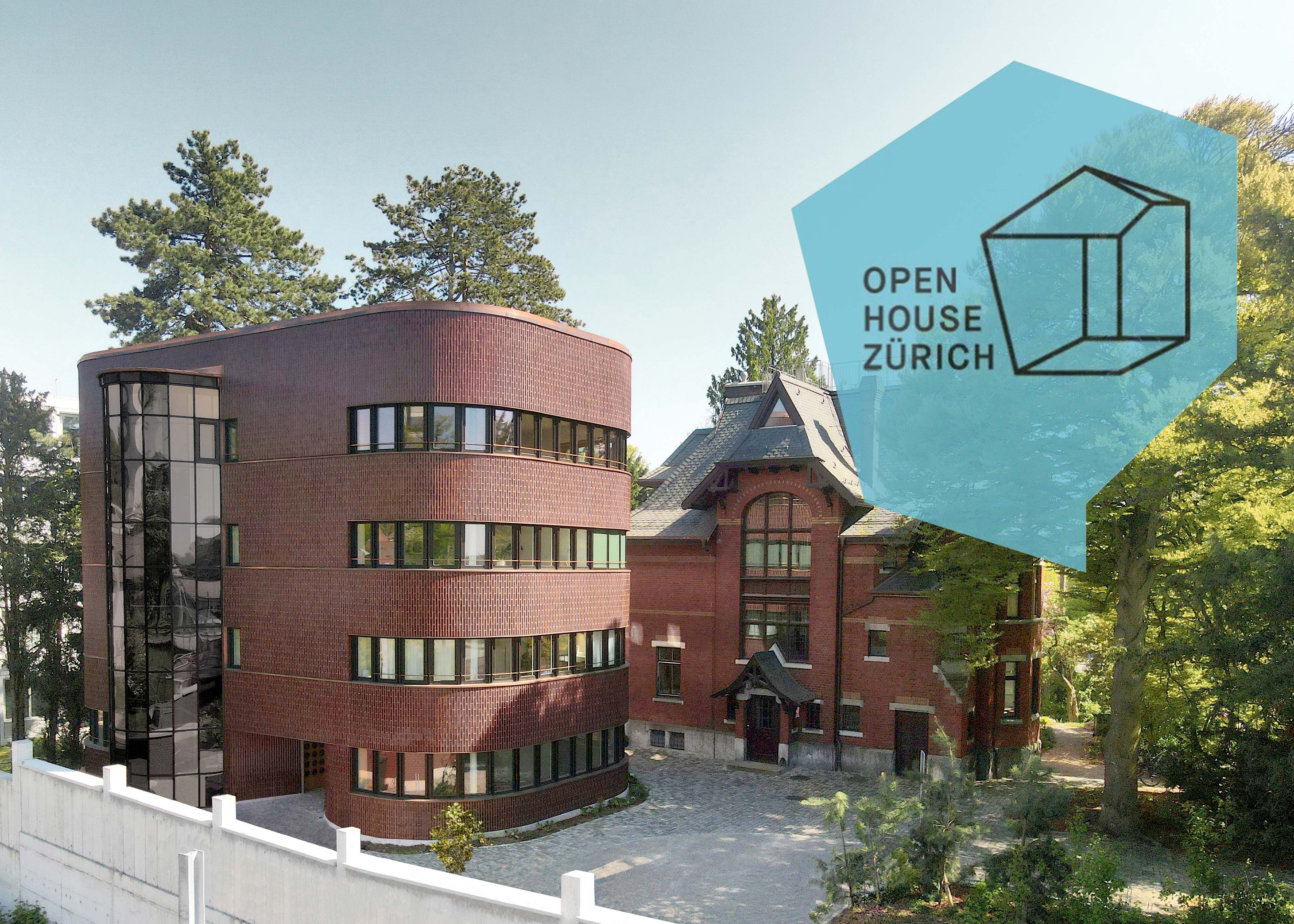 Villa Lindeneck und Neubau des Geburtshauses Winterthur mit dem Logo von Open House Zürich.