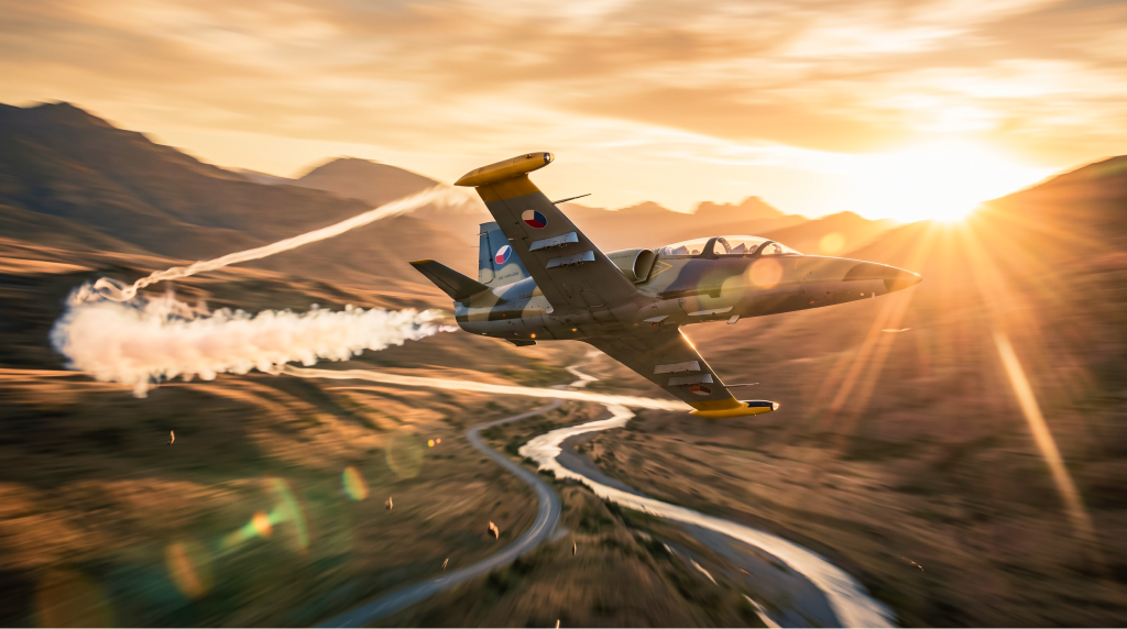 Ex-military fighter jet flying above a mountain road at sunset