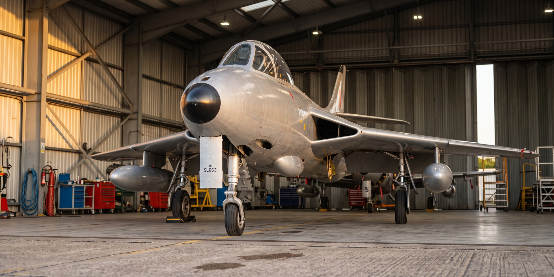 Hawker Hunter fighter jet in a hangar