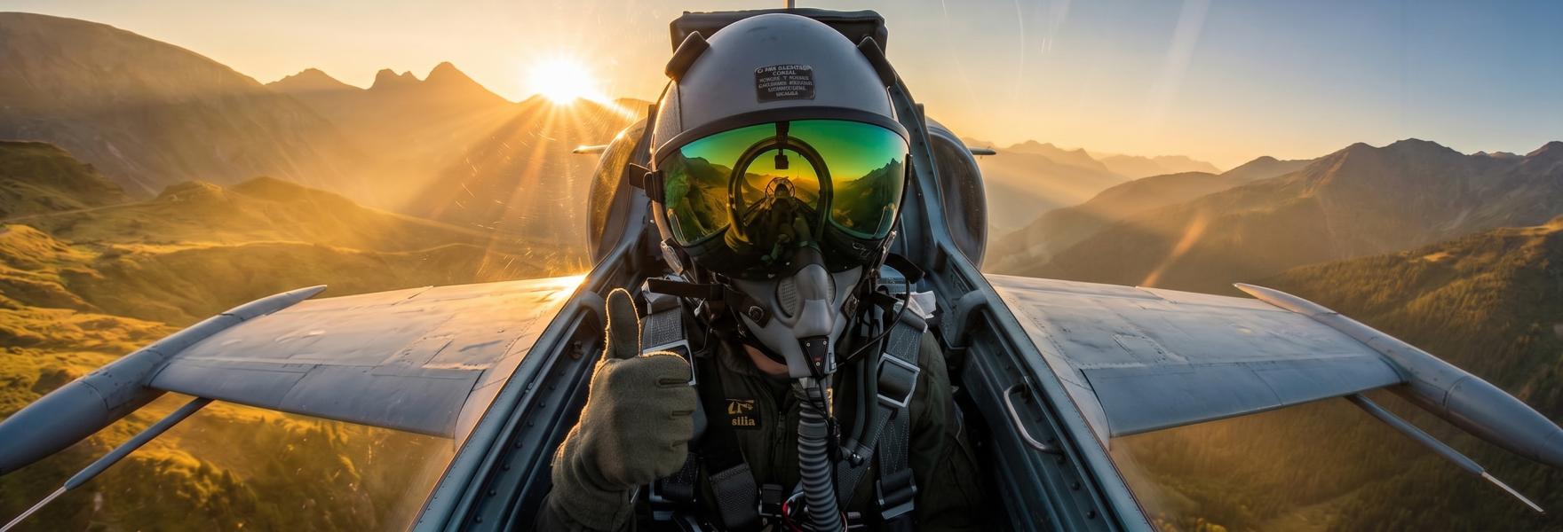 Passenger in a flight helmet in the cockpit of a fighter jet