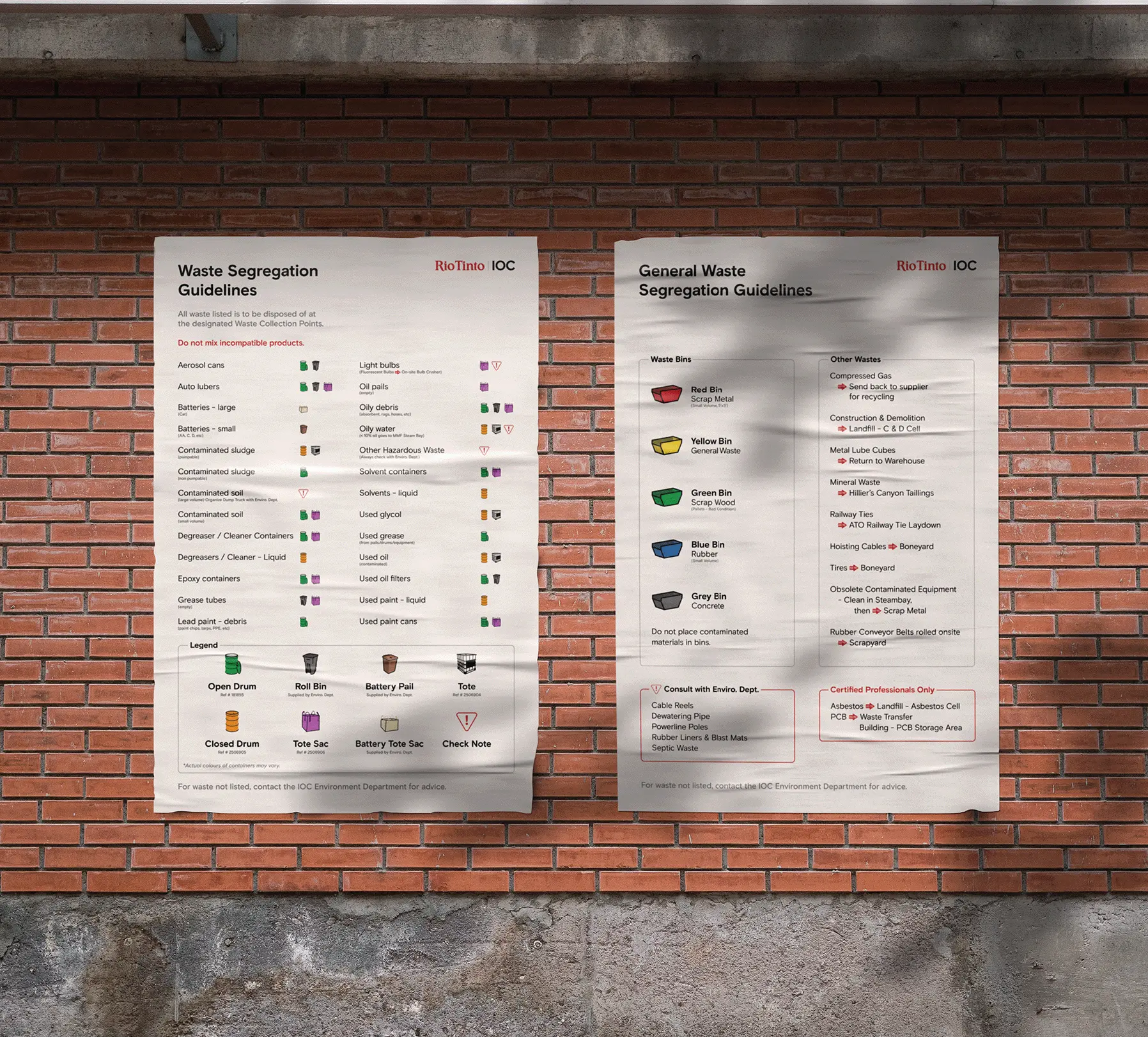 Mock up of two waste management posters on a brick wall.