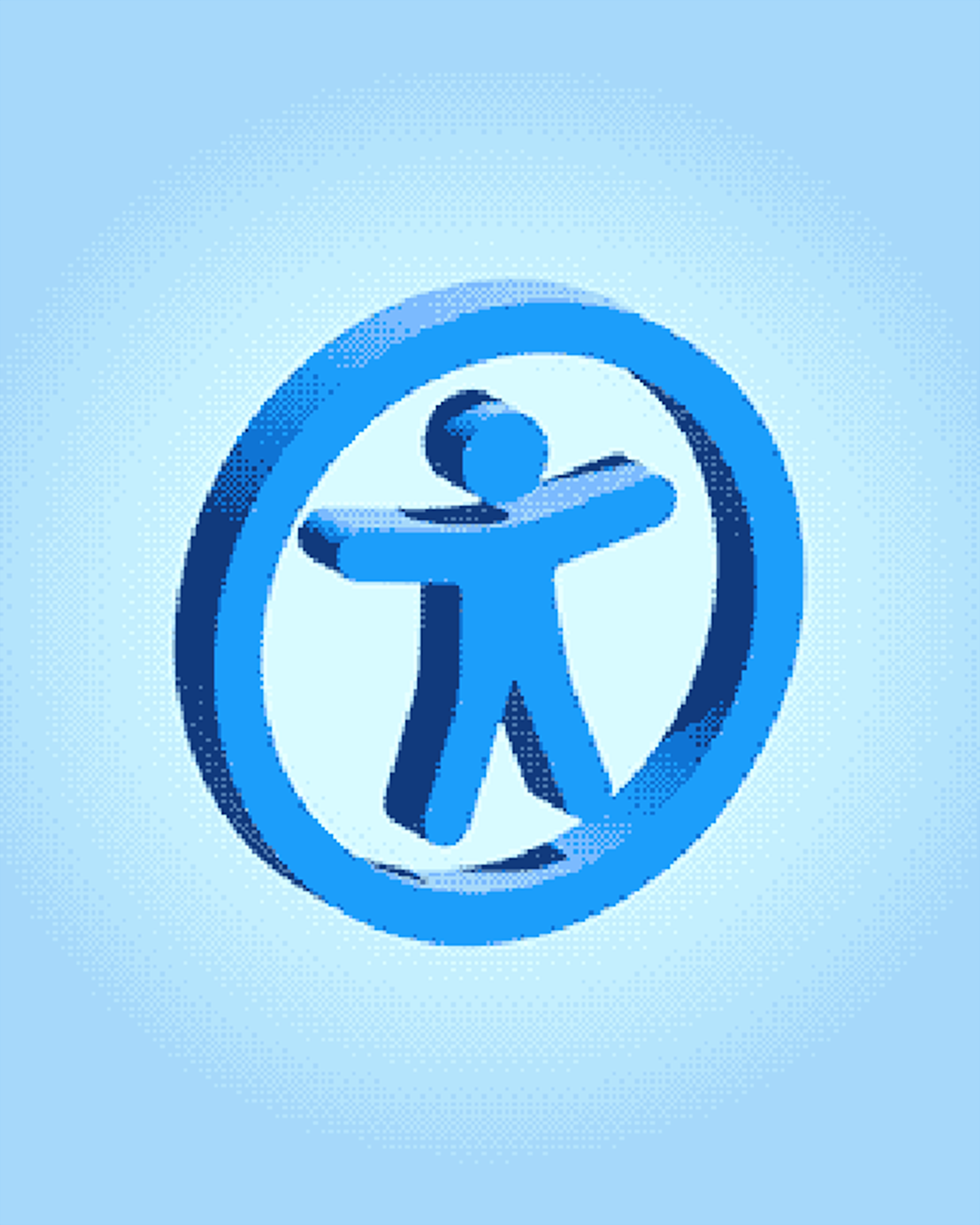 Bright blue pixel art of a 3D accessibility icon.