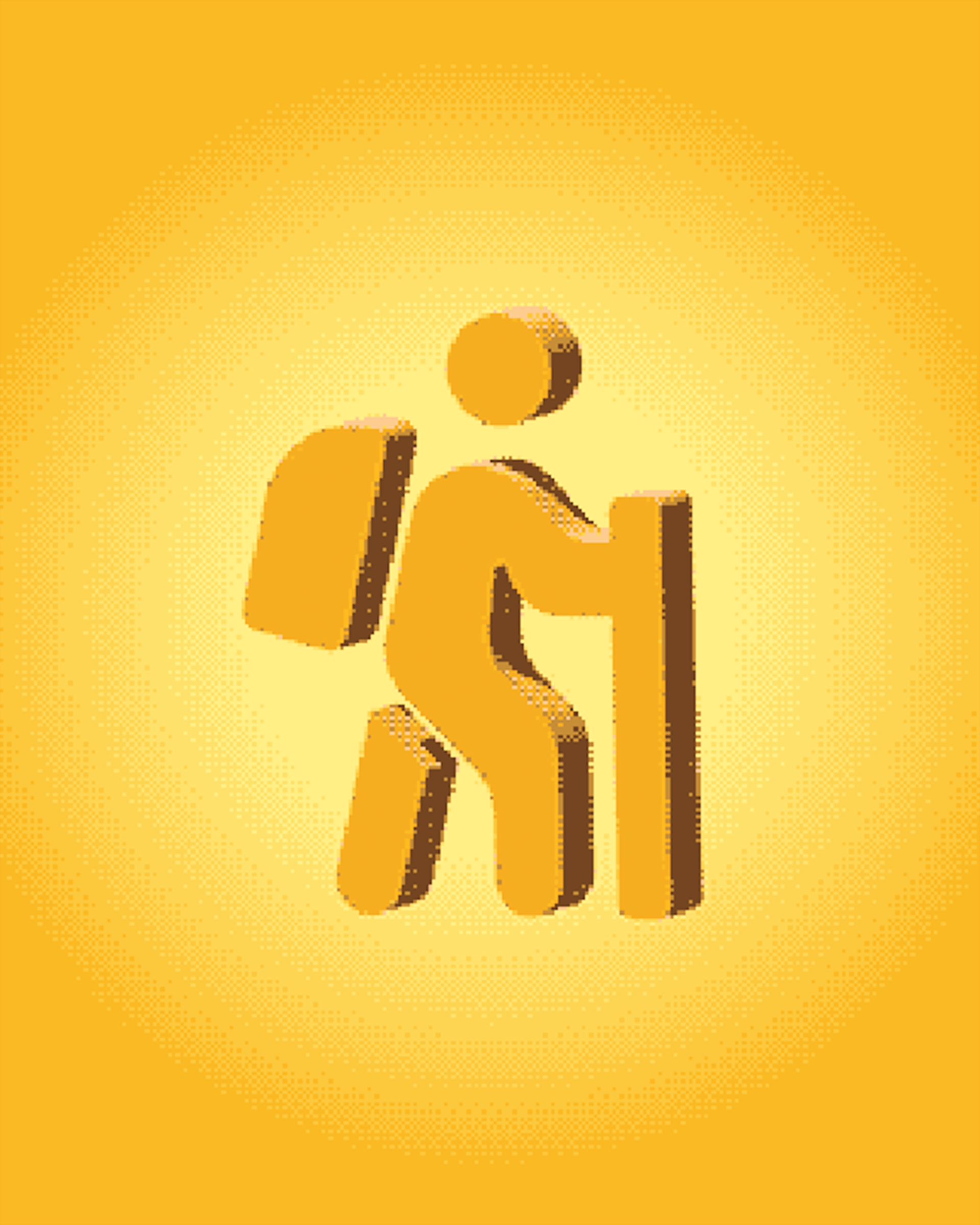 Bright yellow pixel art of a 3D stick person hiking wearing a backpack and holding a walking stick.