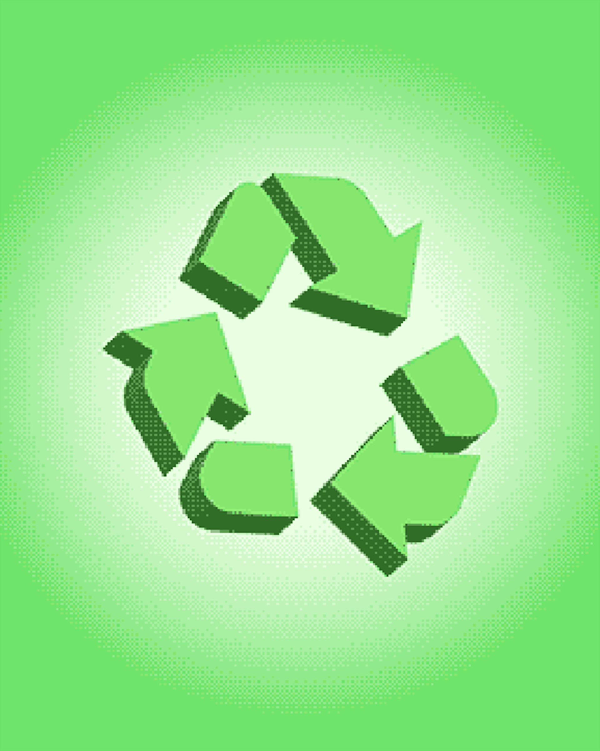 Bright green pixel art of a 3D recycling symbol.