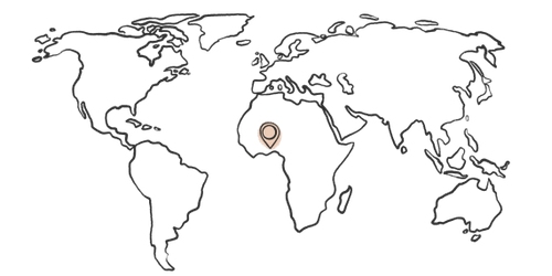 Black line illustration of world map with Africa pinned