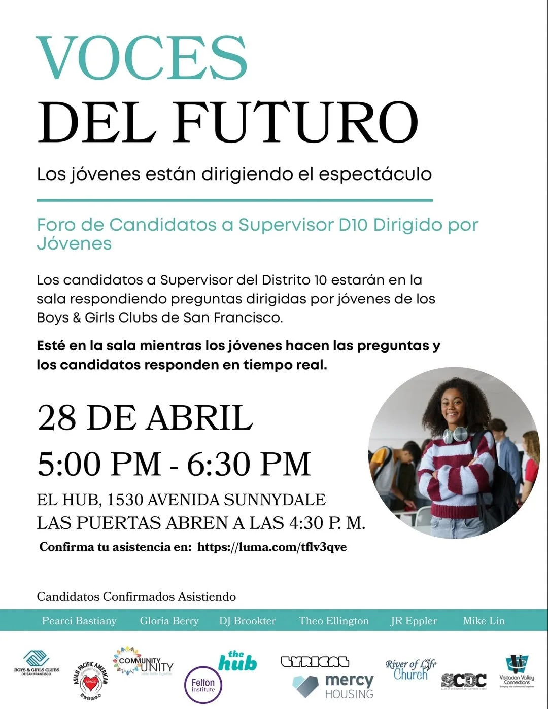 Voces del Futuro youth-led candidate forum flyer in Spanish.