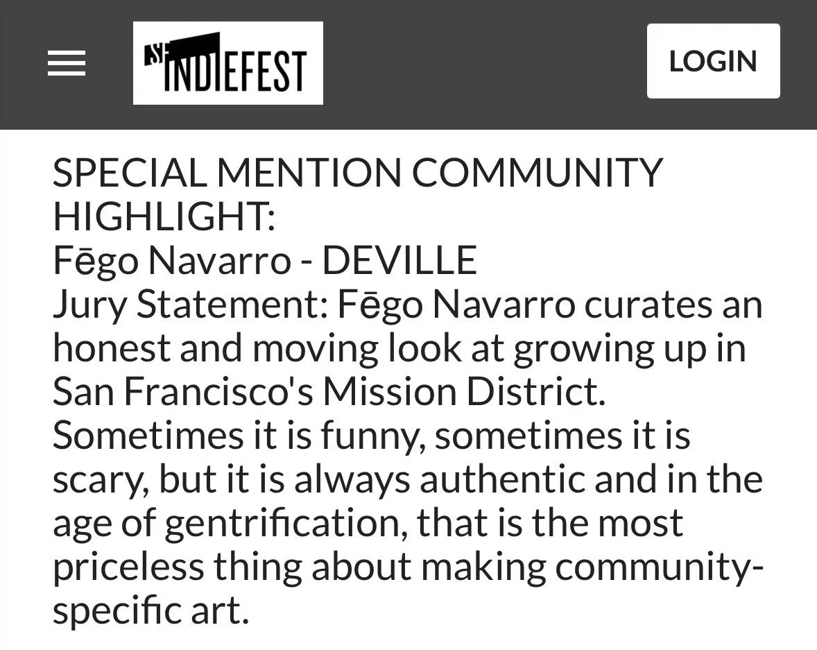 IndieFest jury statement awarding Deville a Special Mention Community Highlight.