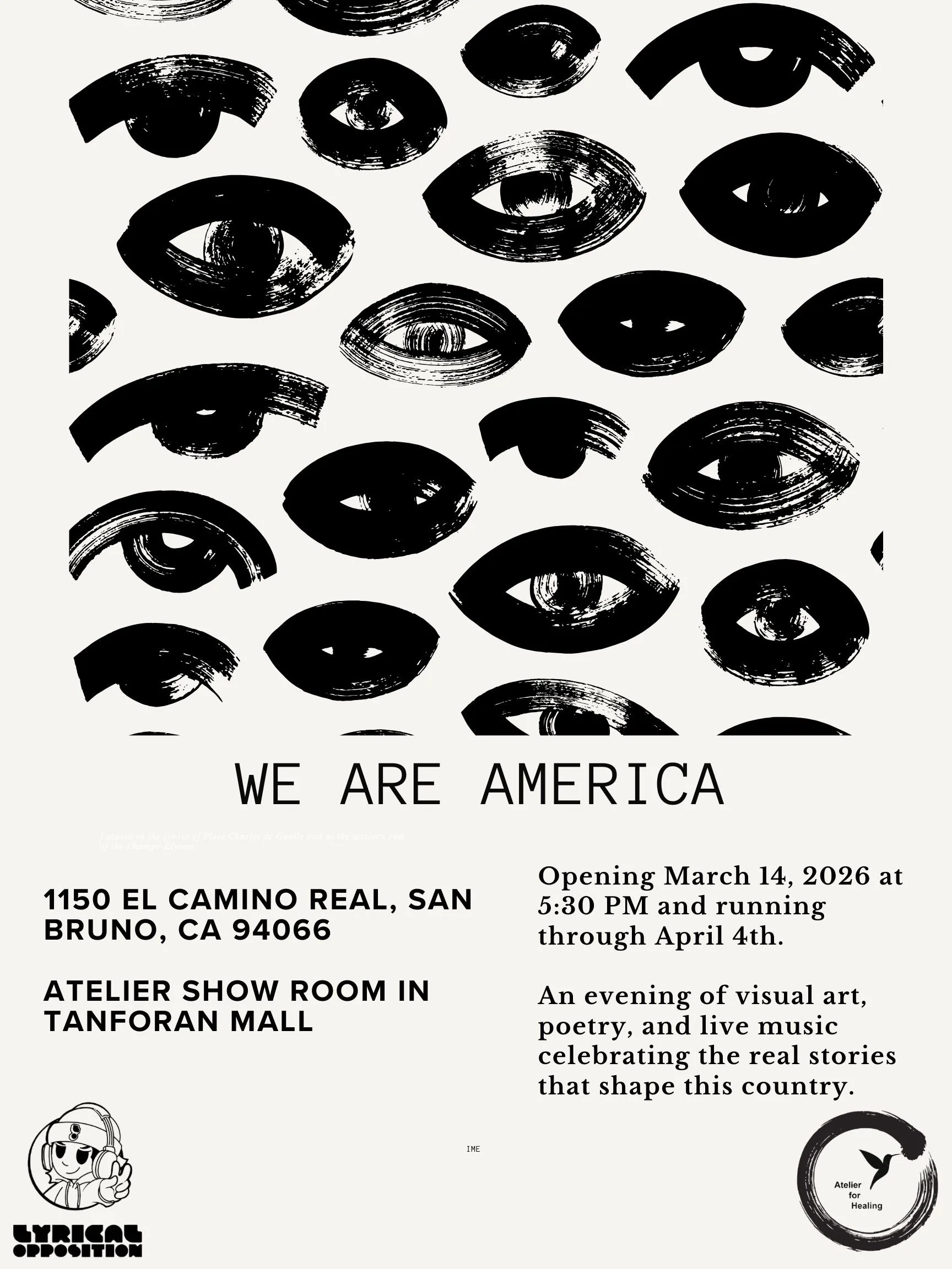 We Are America exhibition flyer with a pattern of illustrated eyes.