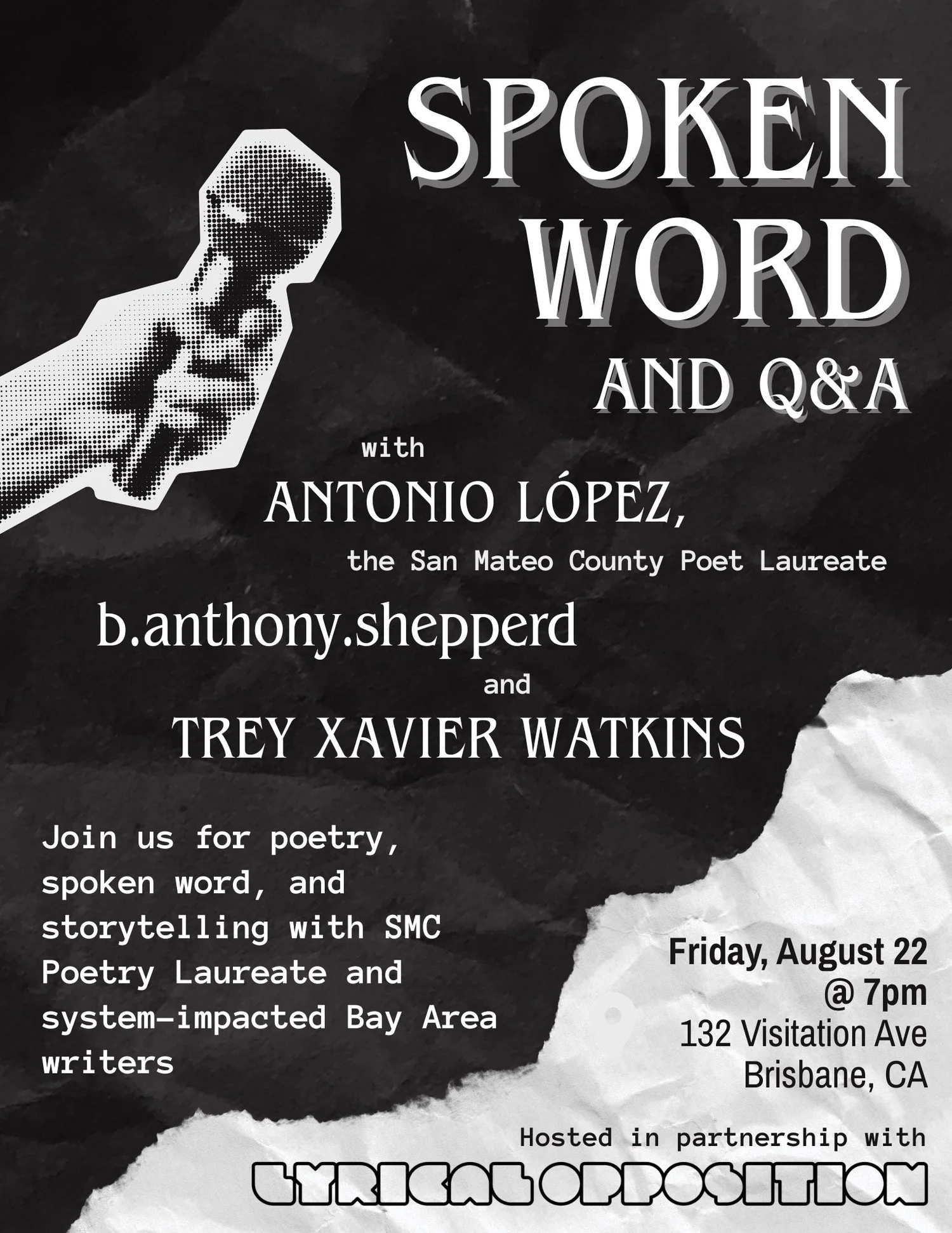 Spoken Word and Q&A poster featuring Antonio López, b.anthony.shepperd, and Trey Xavier Watkins.