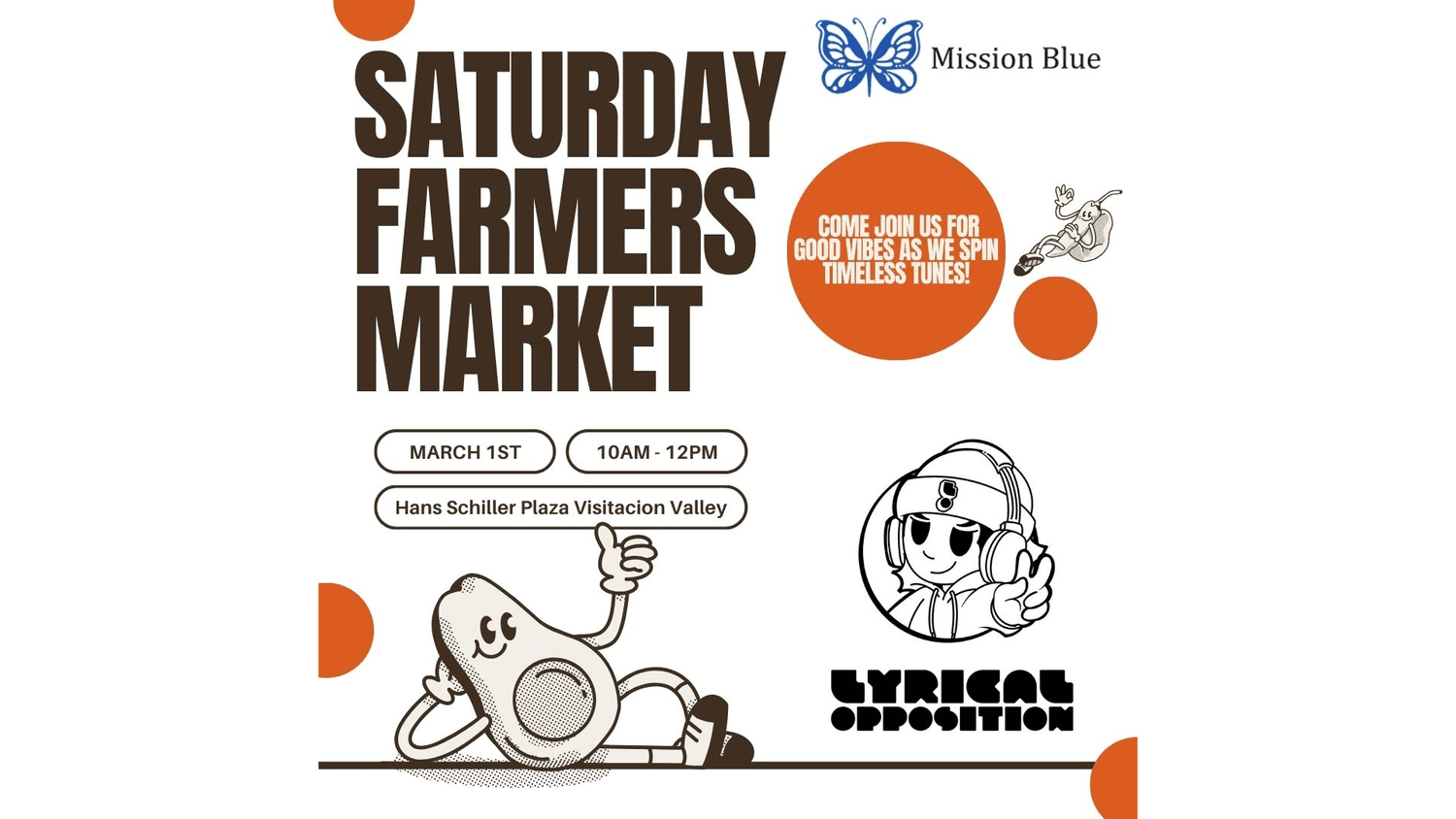 Saturday Farmers Market graphic with Mission Blue and Lyrical Opposition logos.
