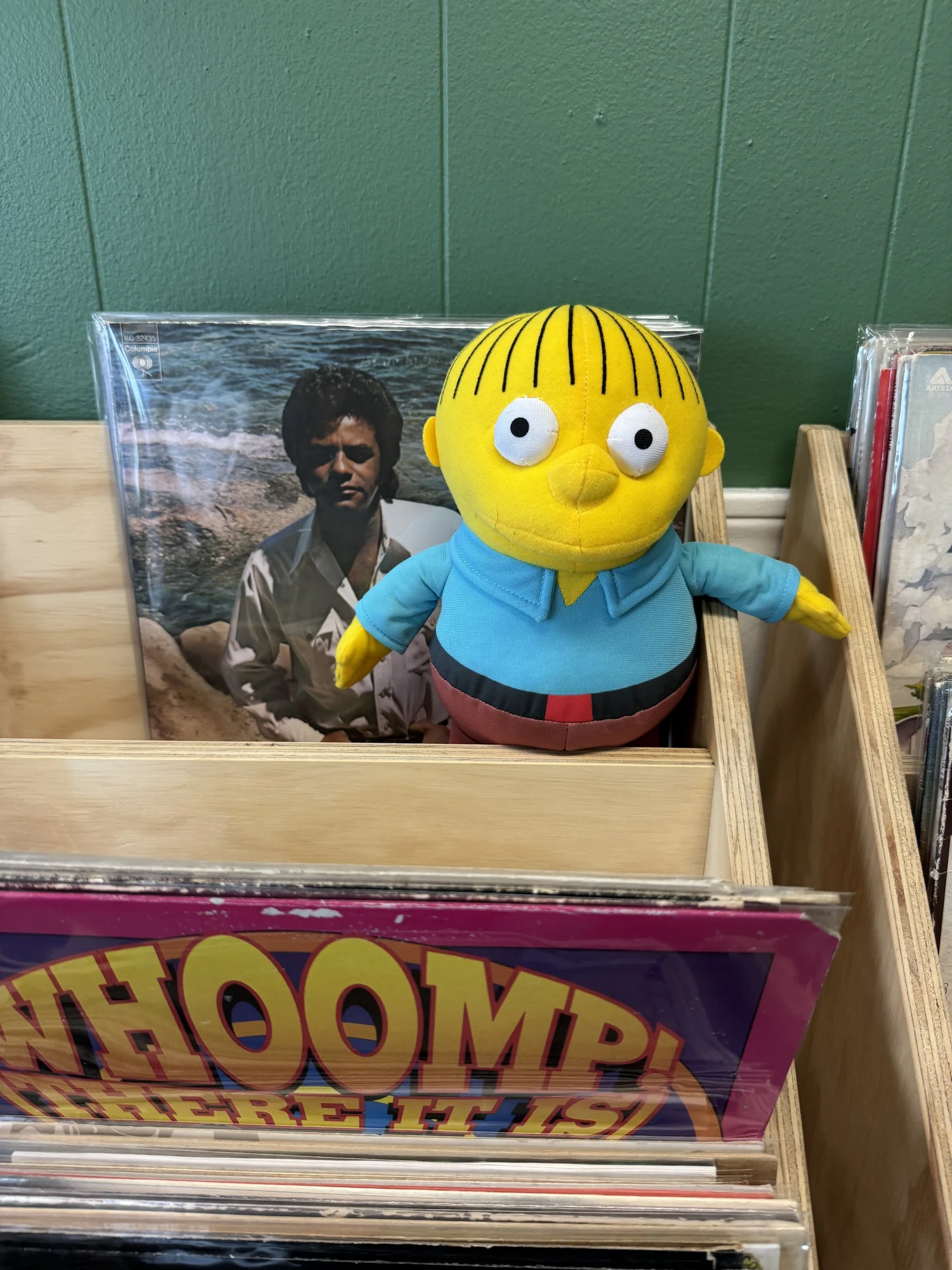 A toy displayed among vinyl records.