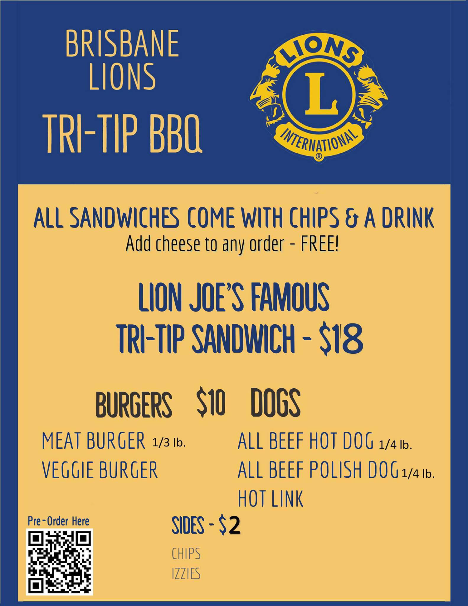 Brisbane Lions Tri-Tip BBQ menu.