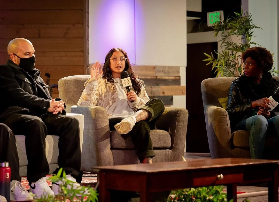 Panelists discuss the film from armchairs.