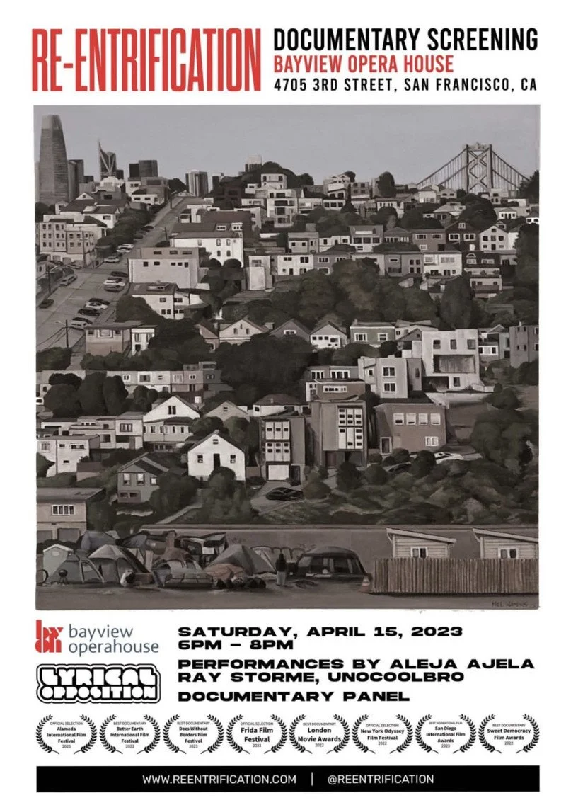 Re-Entrification documentary screening poster featuring San Francisco houses.