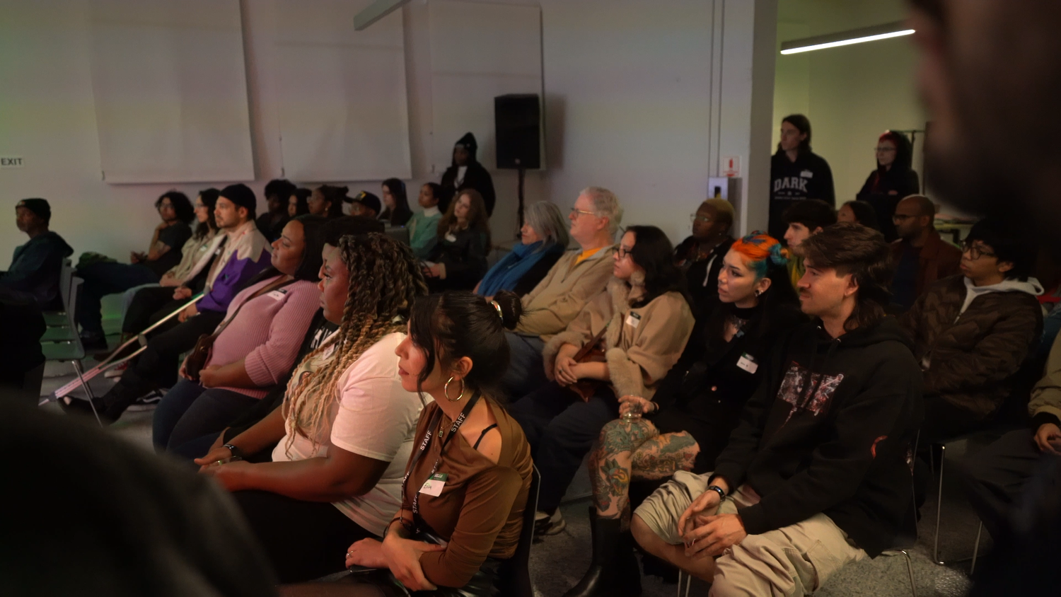 Rows of seated audience members watch the presentation.
